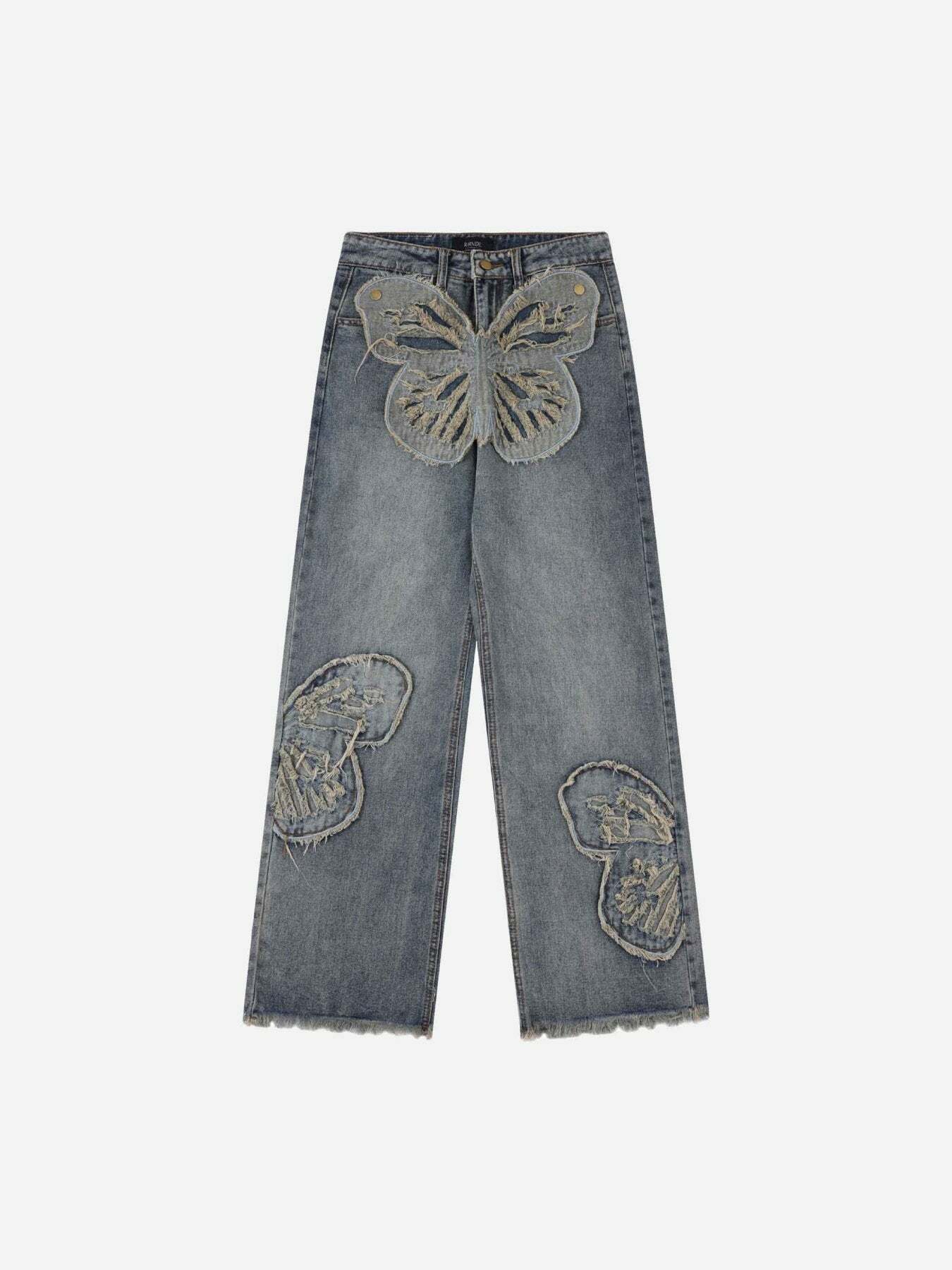 Appliqued Butterfly Embroidered Baggy Jeans - Y2K Fashion Meets 90s Grunge Aesthetic