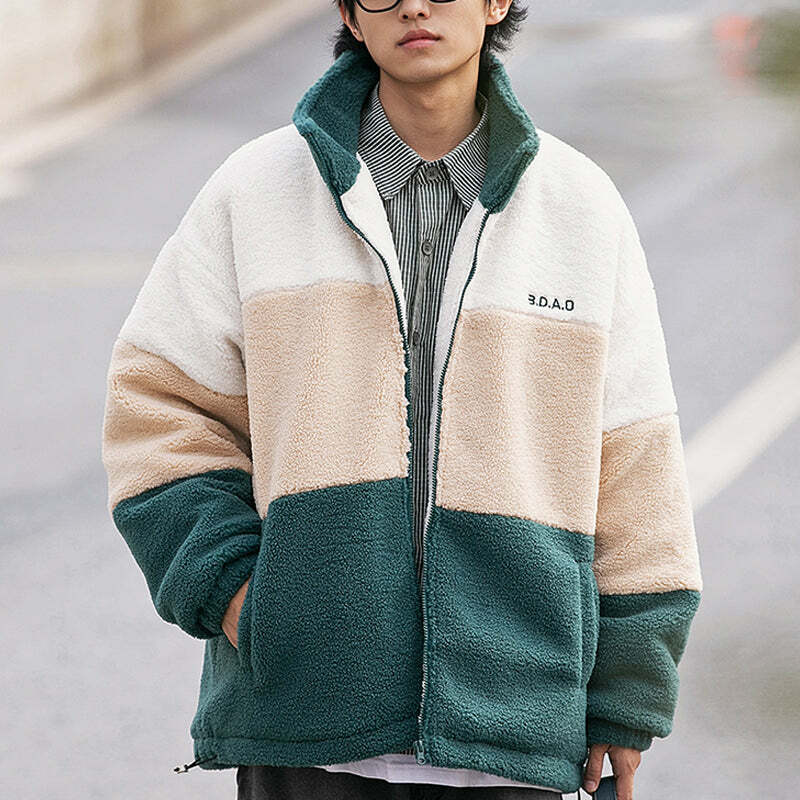 Color Block Patchwork Sherpa Jacket - Y2K Grunge Style for Cozy Winter Outfits