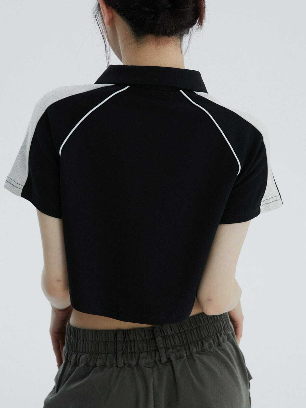 Colorblock Lapel Zipper Tee - Y2K Fashion Essential for Grunge & 90s Aesthetic Outfits