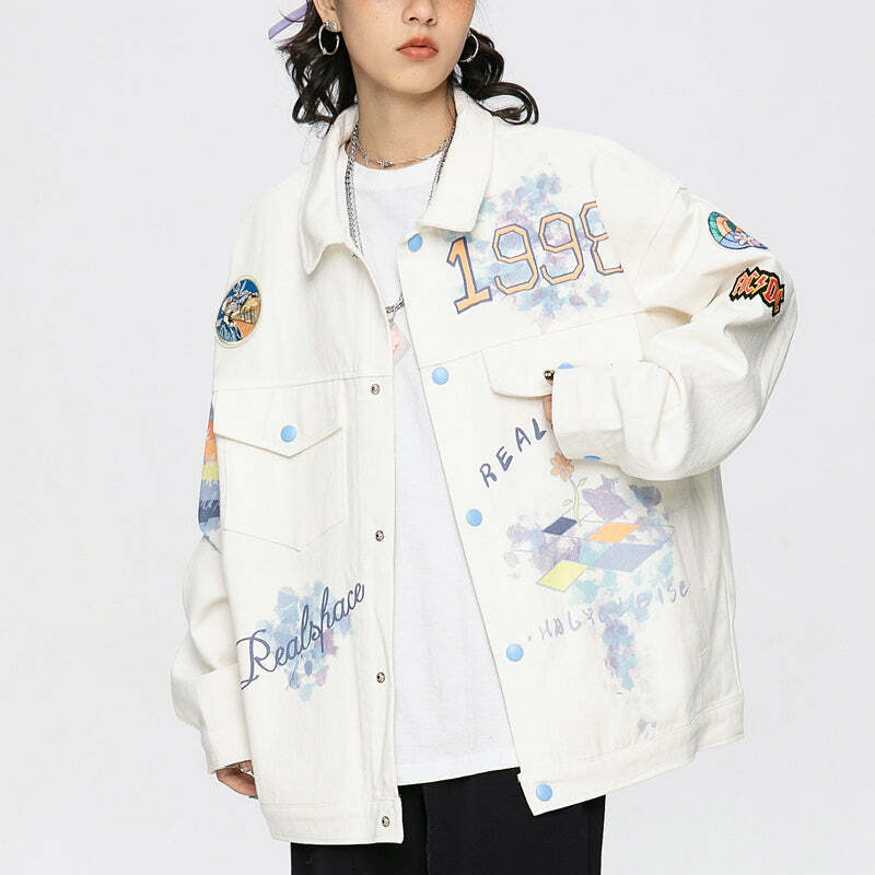 Colorful Graffiti Denim Jacket - Y2K Fashion Statement for Grunge & 90s Aesthetic Lovers