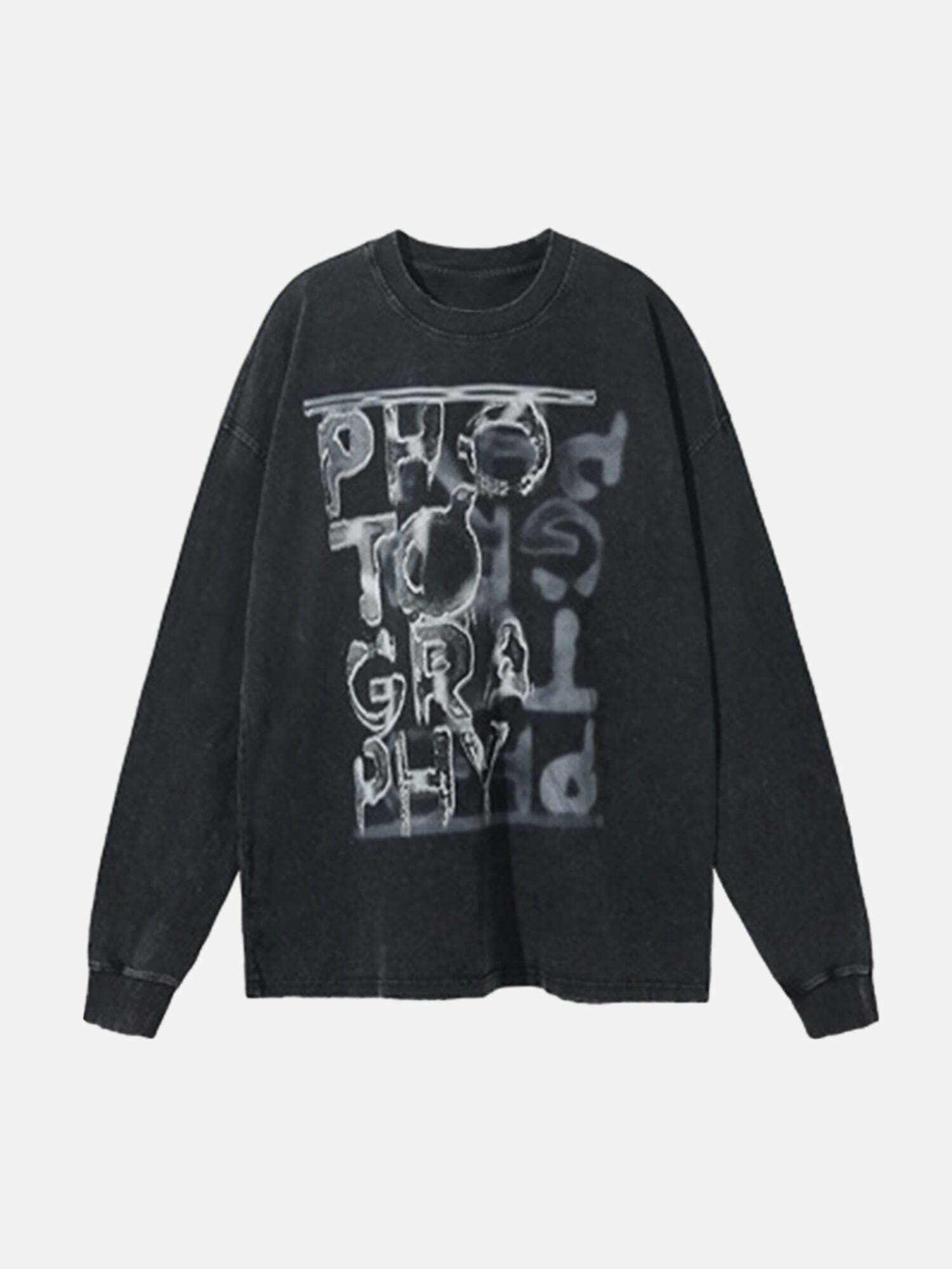 Distressed Retro Abstract Letter Long Sleeve Tee - Y2K Grunge Aesthetic for Summer Outfits