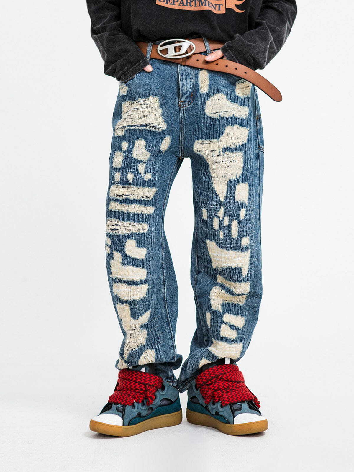 Distressed Stitched Patched Baggy Jeans - Y2K Grunge Style for Trendy Summer Outfits