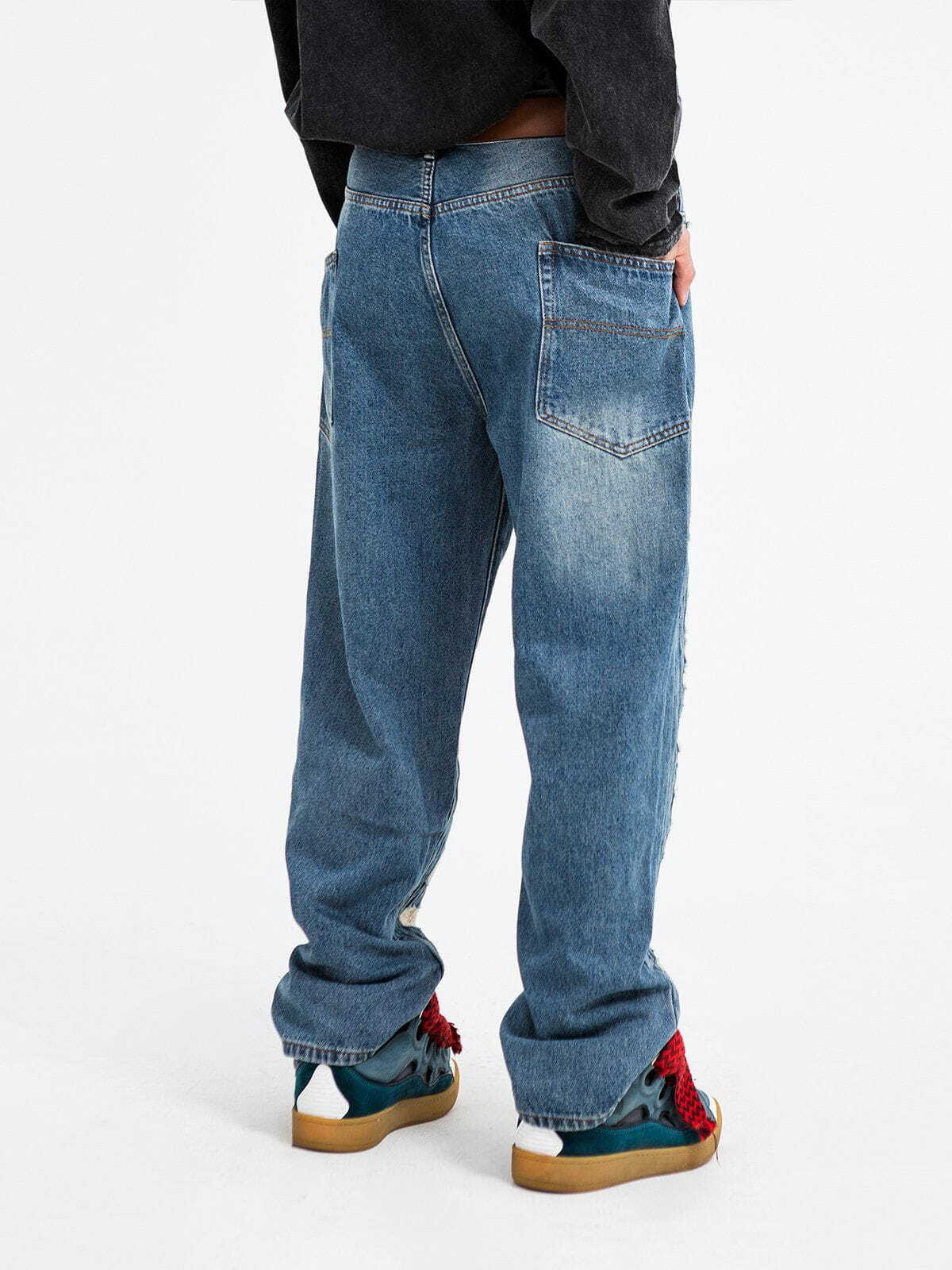 Distressed Stitched Patched Baggy Jeans - Y2K Grunge Style for Trendy Summer Outfits