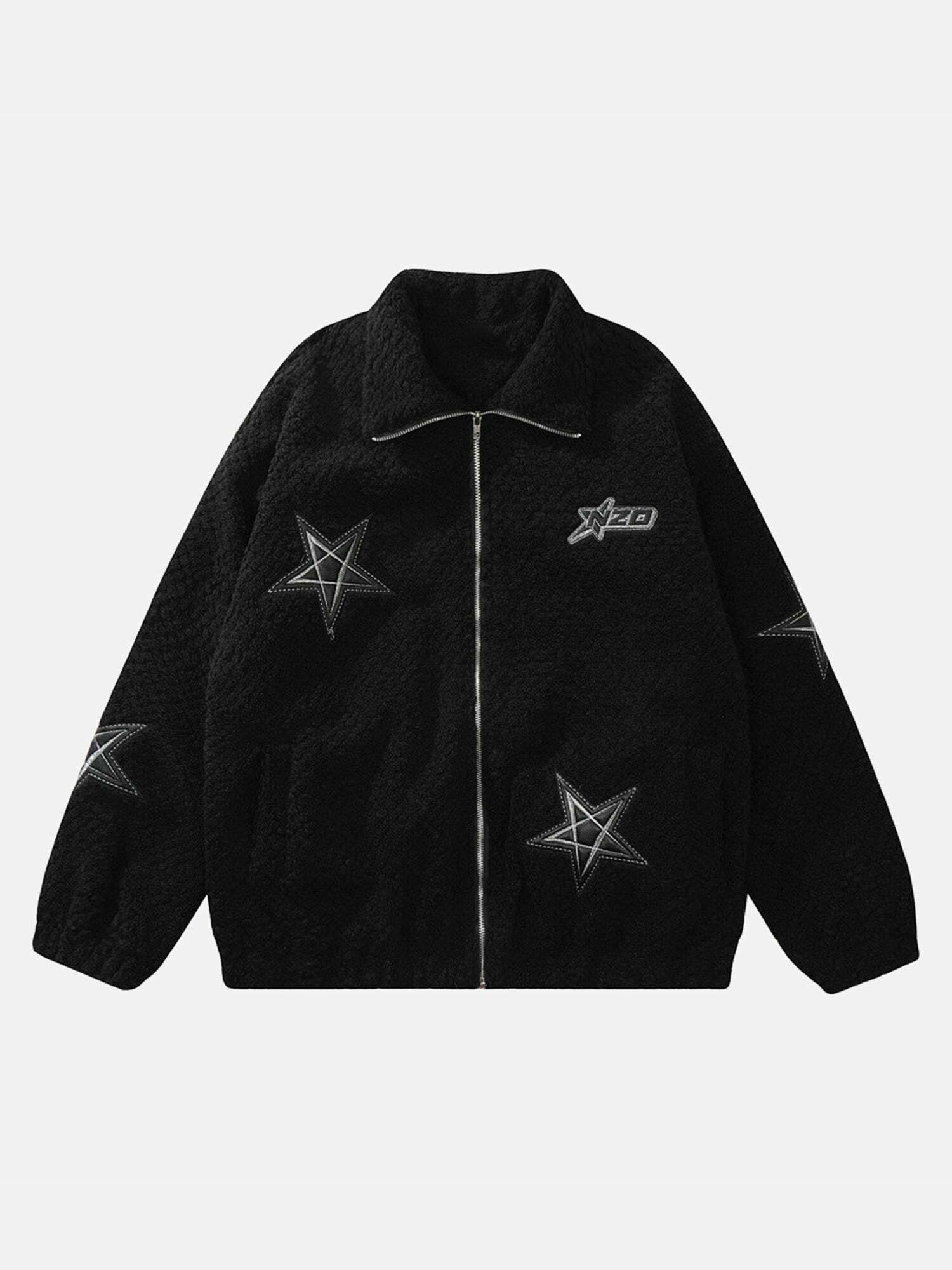 Embroidered Five-Pointed Star Lambswool Jacket - Y2K Grunge Aesthetic for Stylish Summer Outfits