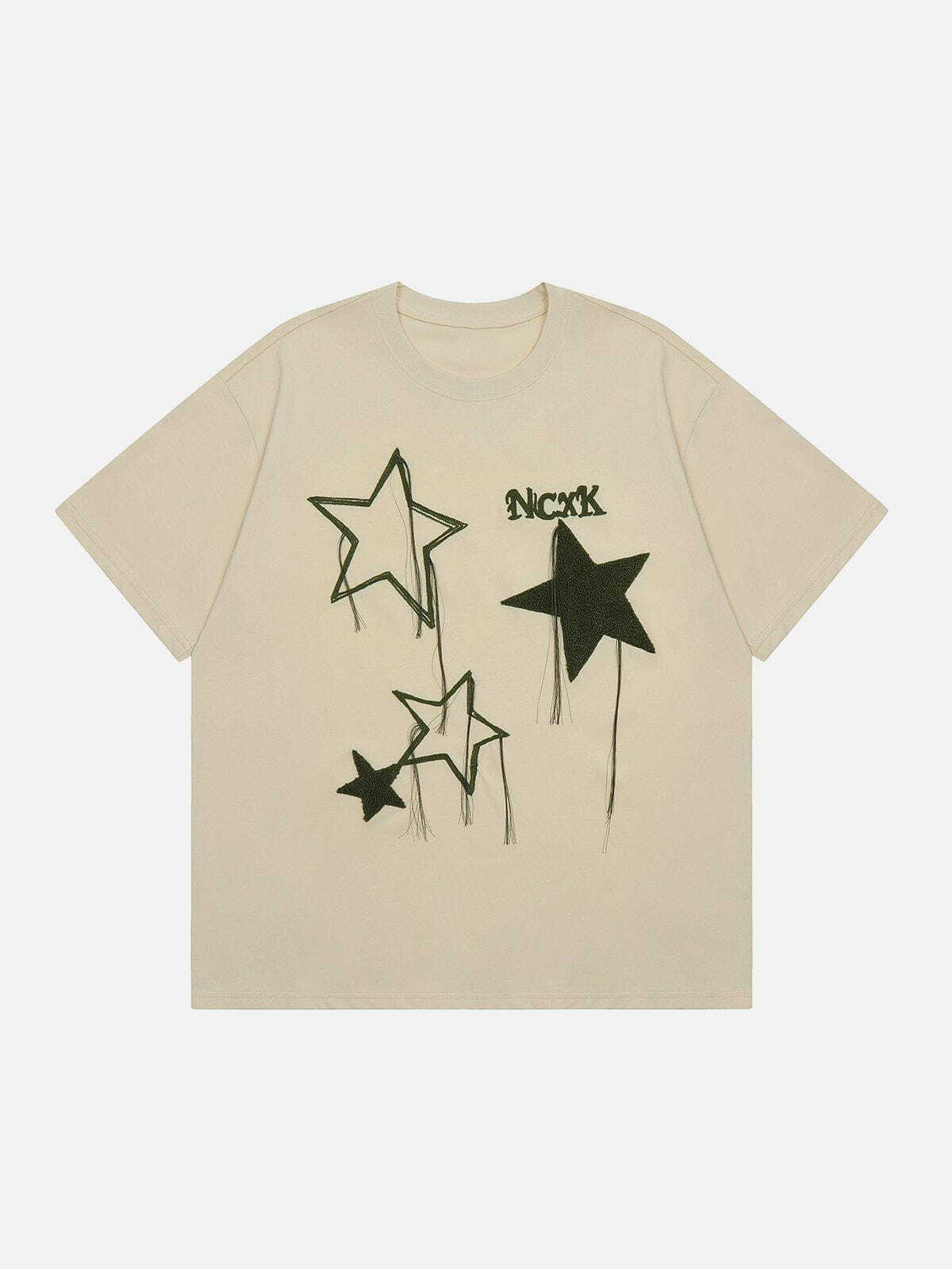 Flocked Star Tassel Tee - Y2K Aesthetic Top for Grunge & 90s Fashion Lovers