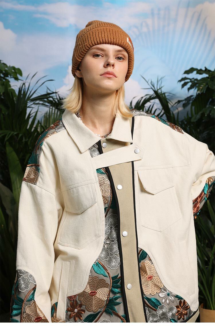 Floral Embroidered Beige Jacket - Y2K Aesthetic Layering Piece for 90s Grunge & Summer Outfits