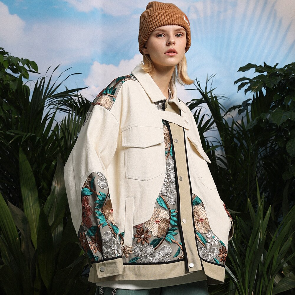 Floral Embroidered Beige Jacket - Y2K Aesthetic Layering Piece for 90s Grunge & Summer Outfits