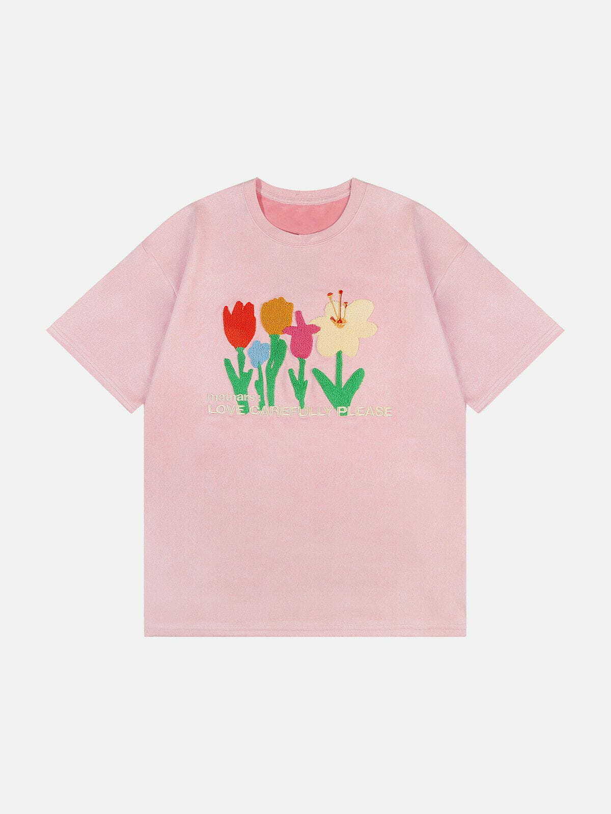 Floral Flock Embroidered Suede Tee - Y2K Aesthetic Top for Grunge & 90s Fashion Lovers