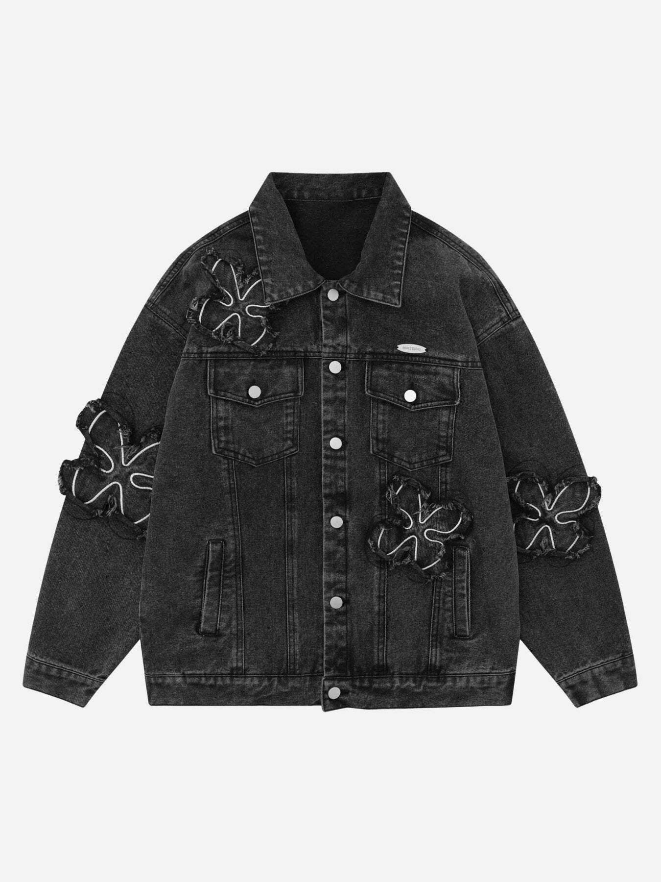 Floral Patch Embroidered Denim Jacket - Y2K Aesthetic, Grunge Style, 90s Fashion Essential