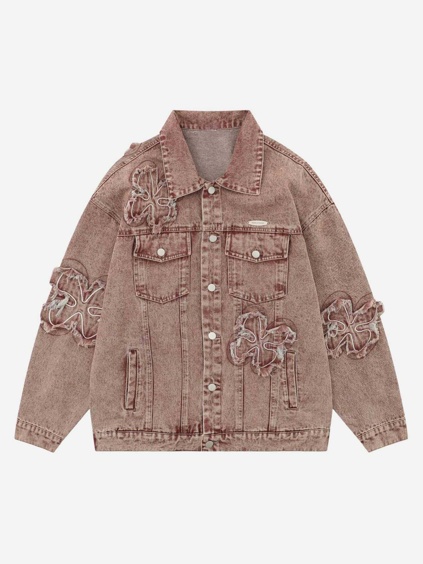 Floral Patch Embroidered Denim Jacket - Y2K Aesthetic, Grunge Style, 90s Fashion Essential