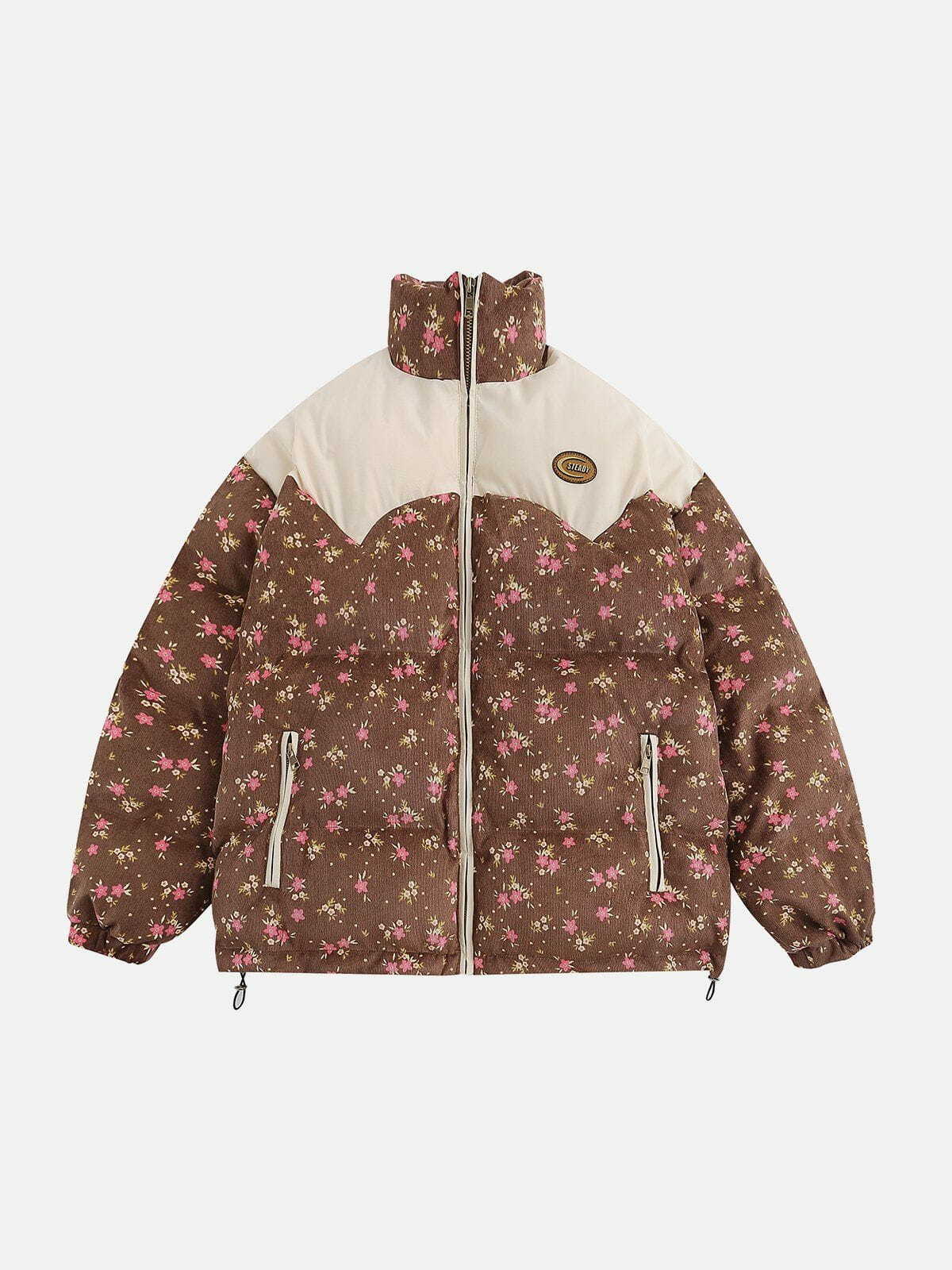 Floral Print Patchwork Y2K Winter Coat - Vintage 90s Grunge Aesthetic Outerwear for Trendy Looks