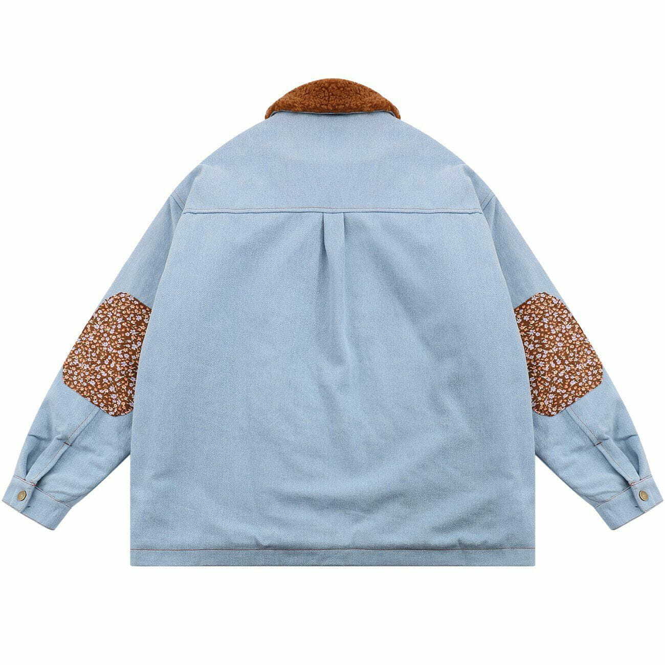 Floral Stitching Polo Collar Denim Jacket - Y2K Fashion for Cozy Winter Outfits