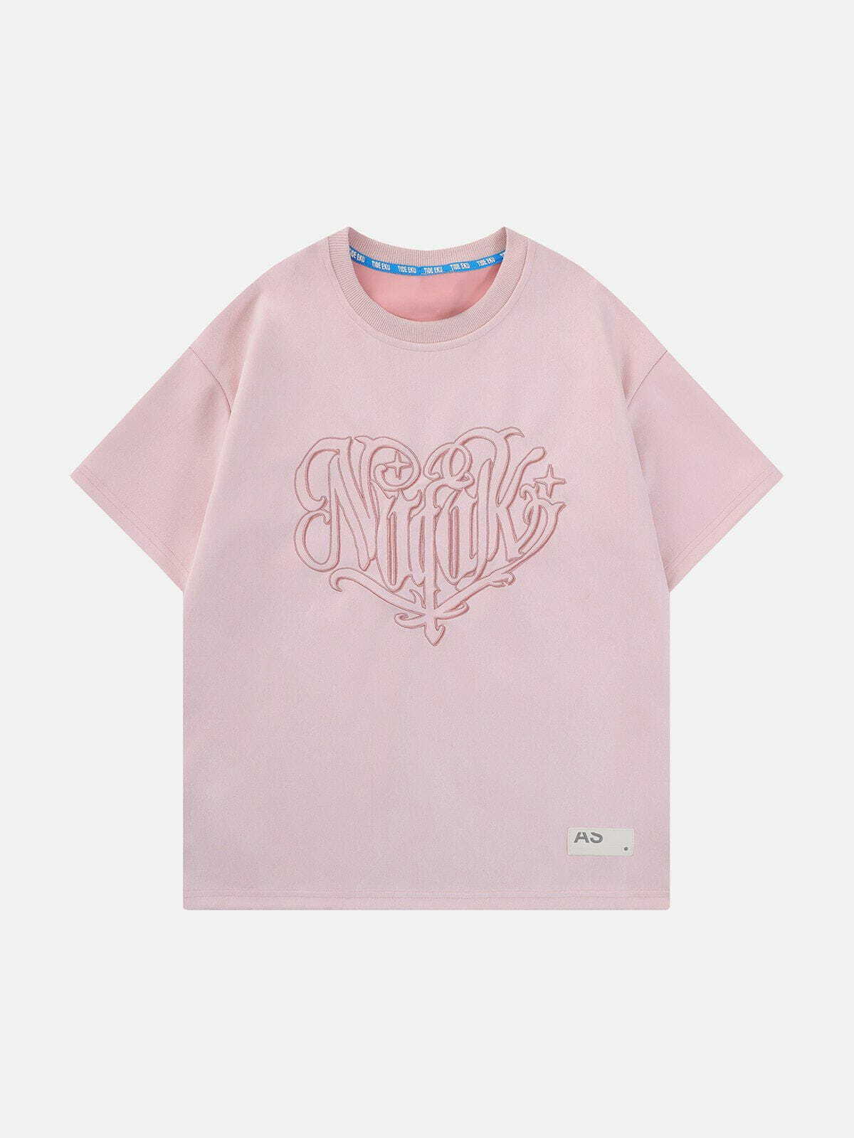 Heart Embroidered Suede Tee - Y2K Aesthetic Top for Grunge & 90s Fashion Lovers