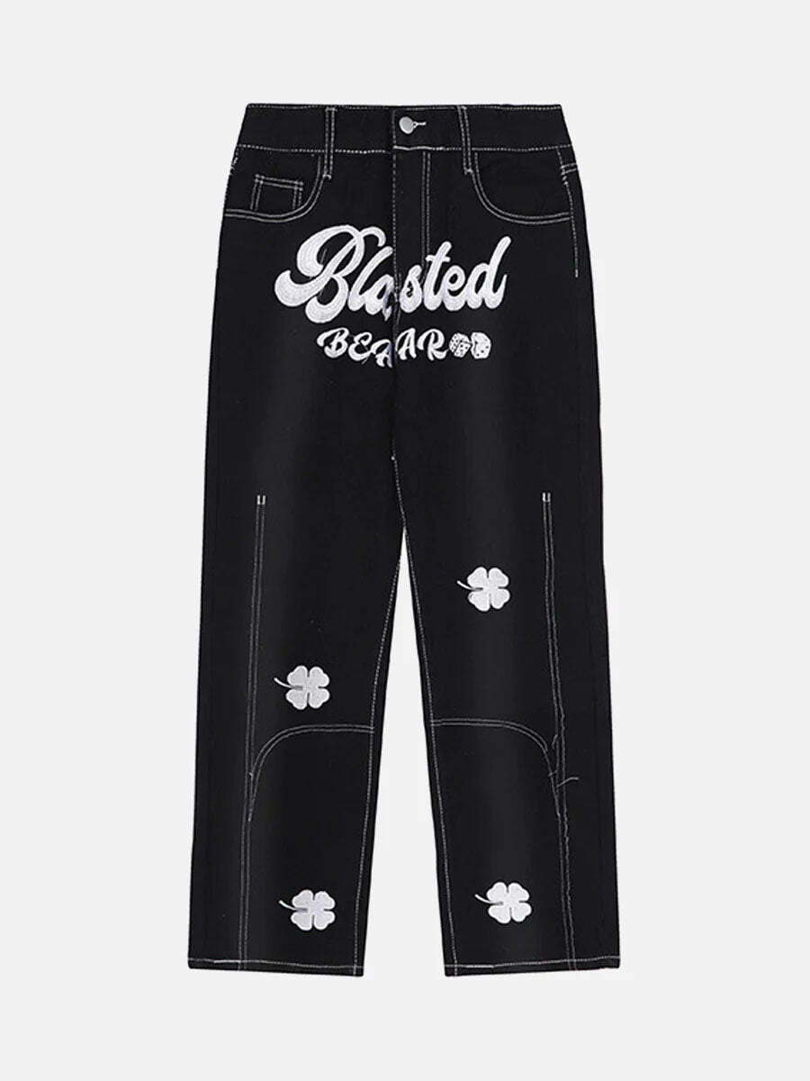 Lucky Clover Embroidered Baggy Jeans - Y2K Fashion, Grunge Aesthetic, 90s Style, Cute Outfit Ideas