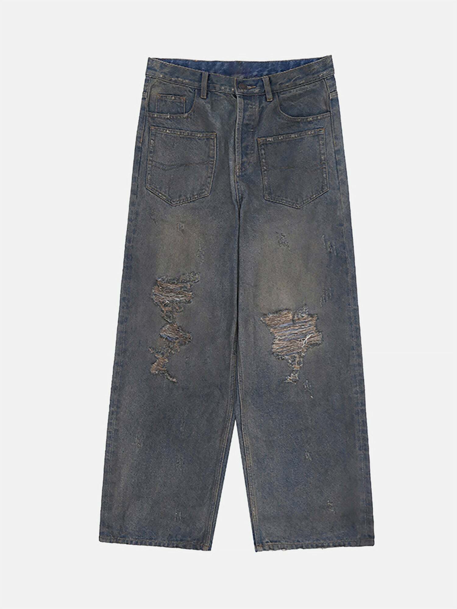 Mud Dyed Reverse Pocket Grunge Jeans - Y2K Style Ripped Baggy Denim for Trendy Outfits