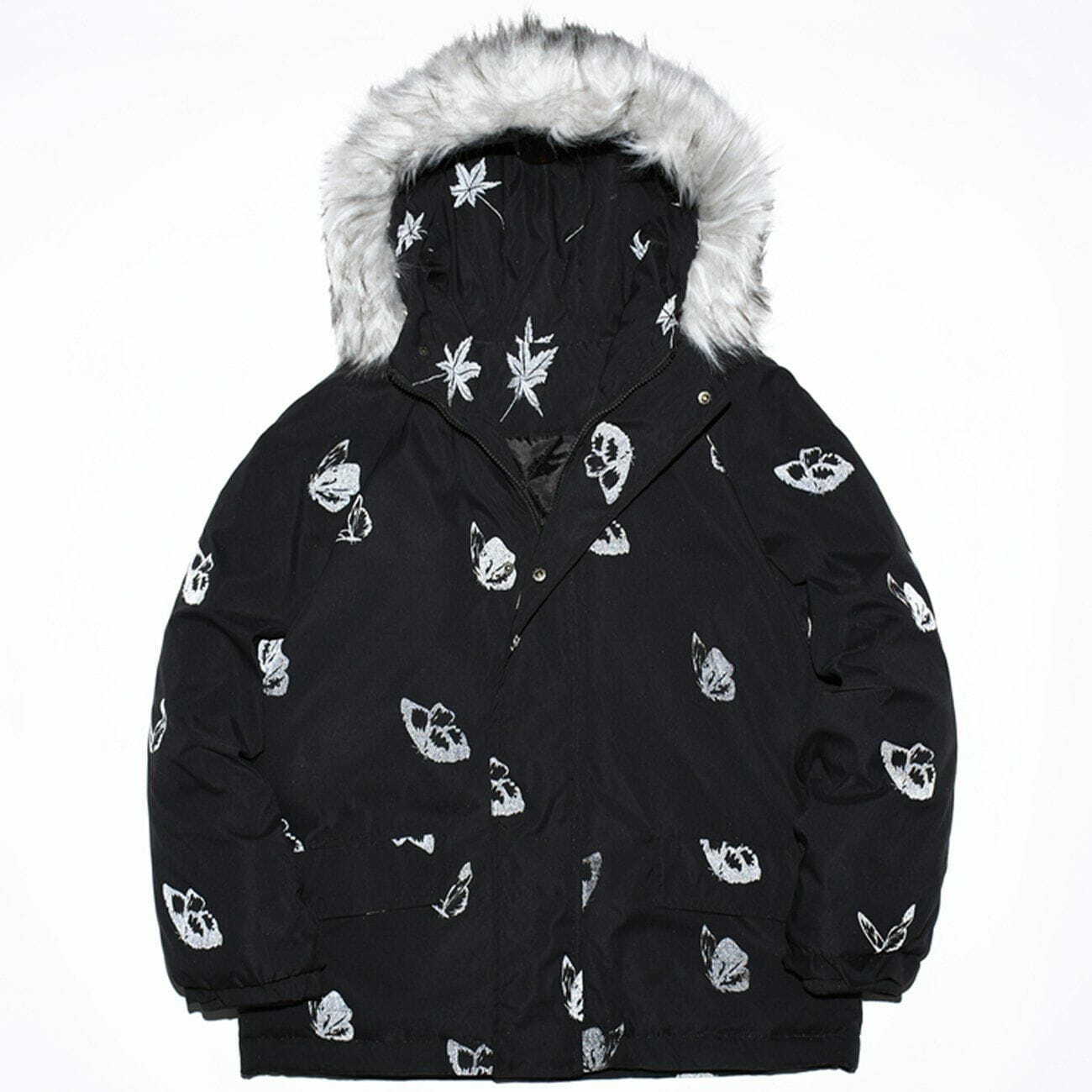 Reflective Butterfly Fur Collar Hooded Y2K Winter Coat - Grunge Aesthetic & 90s Fashion Vibes