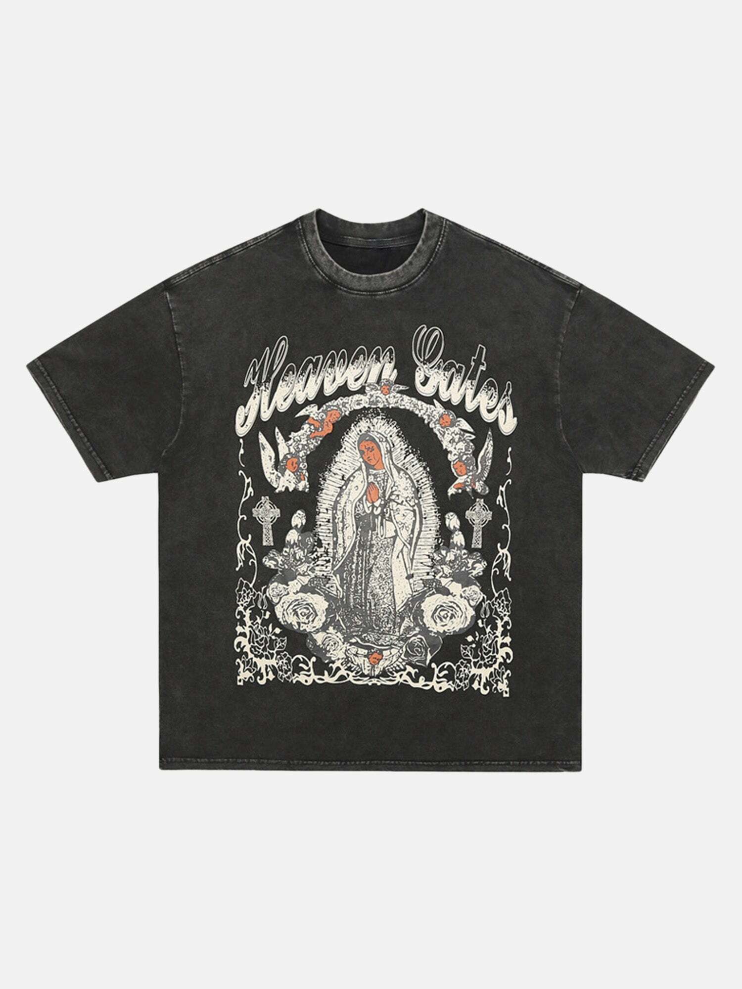 Retro Y2K Street Style: Our Lady of the Cross Graphic Tee for Grunge & 90s Fashion Lovers