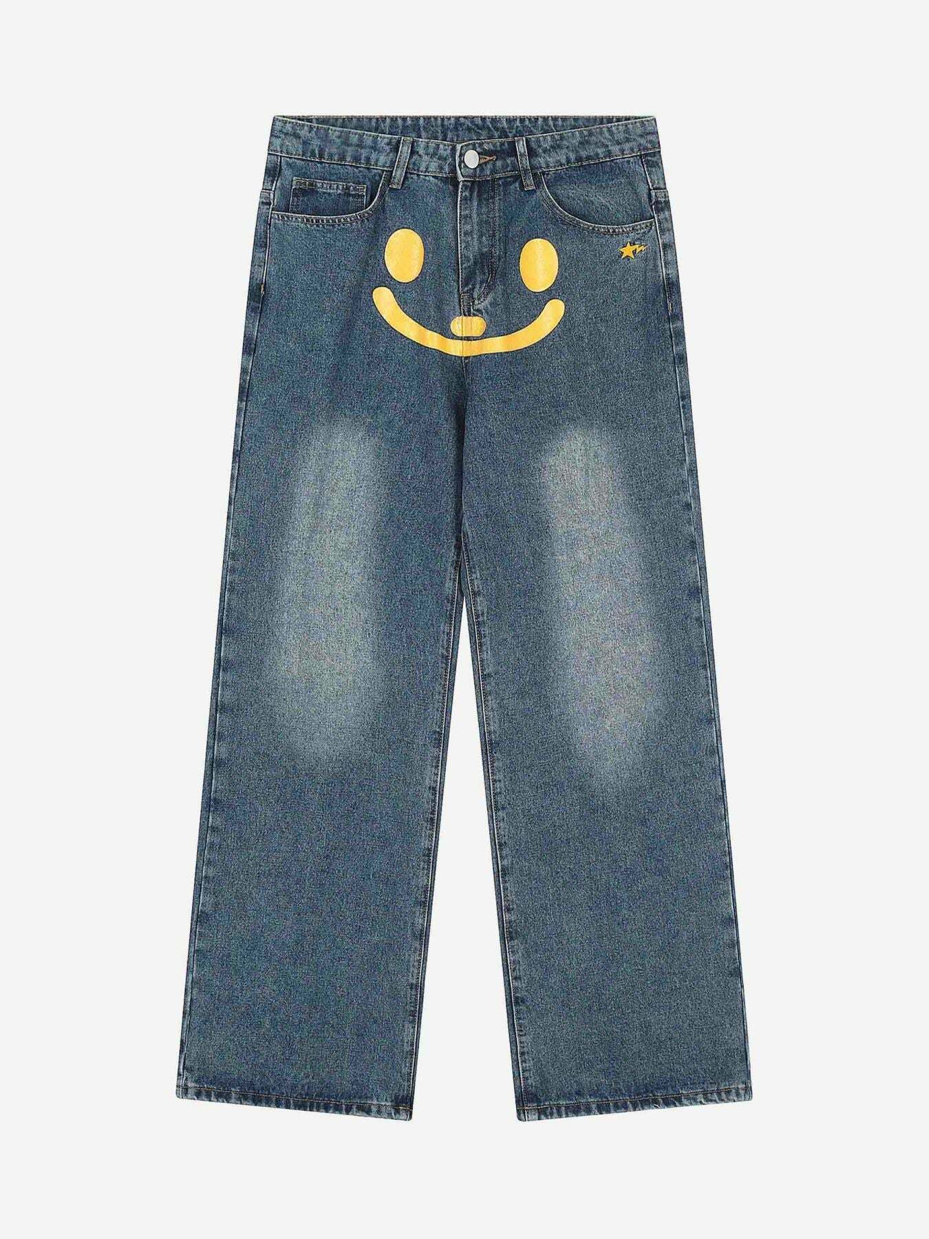 Smiley Face Printed Baggy Jeans - Y2K Grunge Aesthetic, 90s Fashion, Cute Outfit Ideas