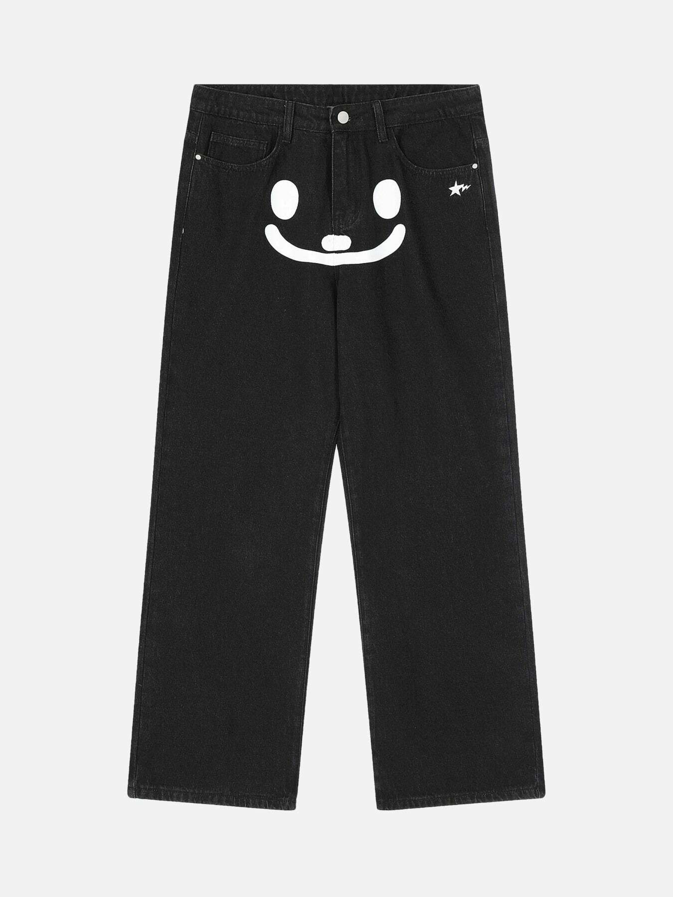 Smiley Face Printed Baggy Jeans - Y2K Grunge Aesthetic, 90s Fashion, Cute Outfit Ideas