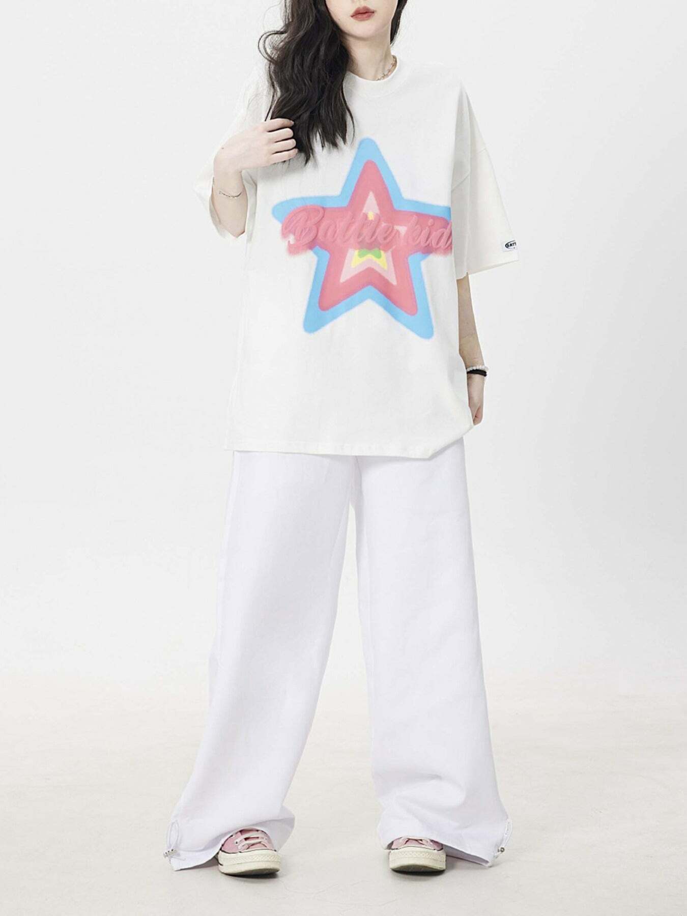 Star Letter Foam Print: Y2K Aesthetic Summer Outfit, Grunge Style with Baggy Jeans & Crop Tops