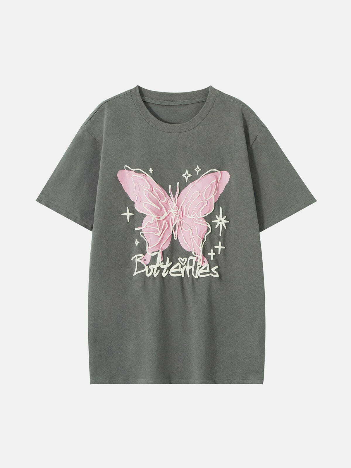 Stereoscopic Butterfly Print Tee - Y2K Aesthetic Summer Top for Grunge & 90s Fashion Lovers