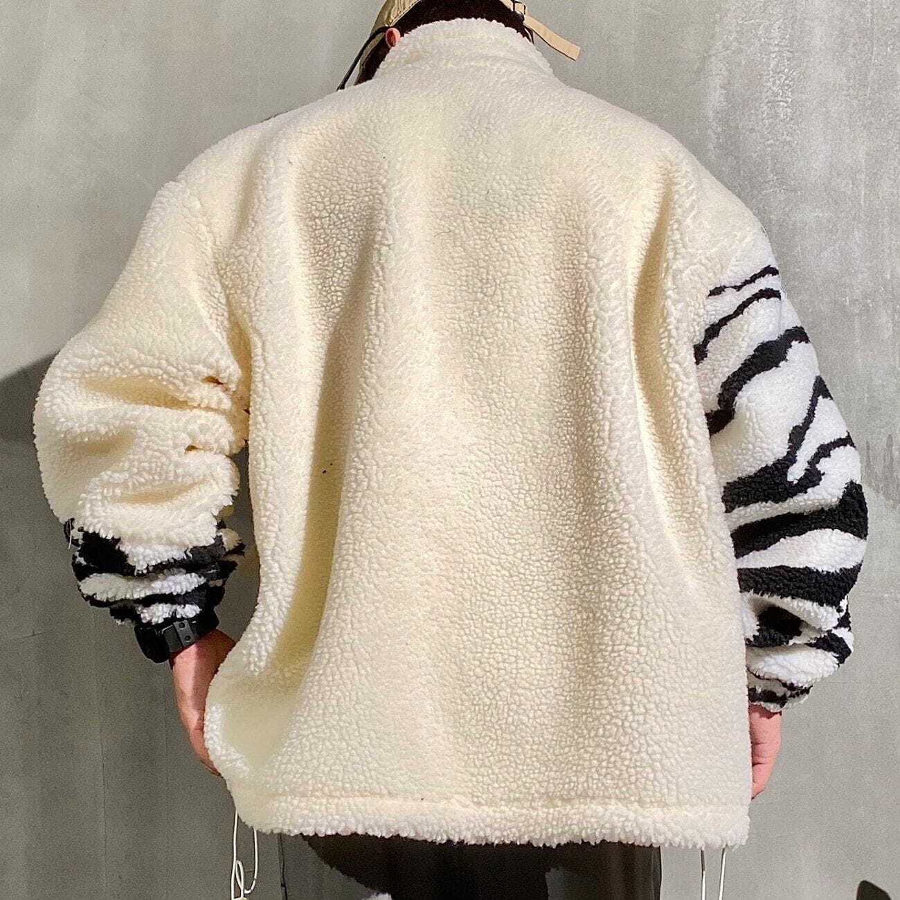 Stitching Zebra Pattern Sherpa Coat - Y2K Grunge Style for Winter Outfits & Aesthetic Looks