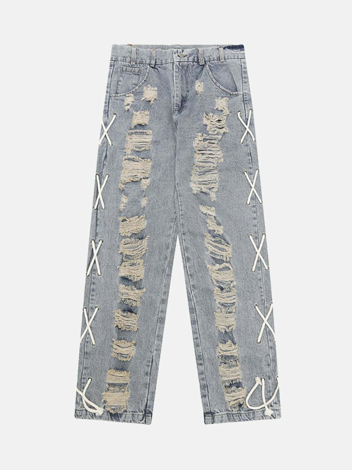 Torn Side Straps Y2K Grunge Jeans - Trendy Baggy Style for 90s Fashion Lovers