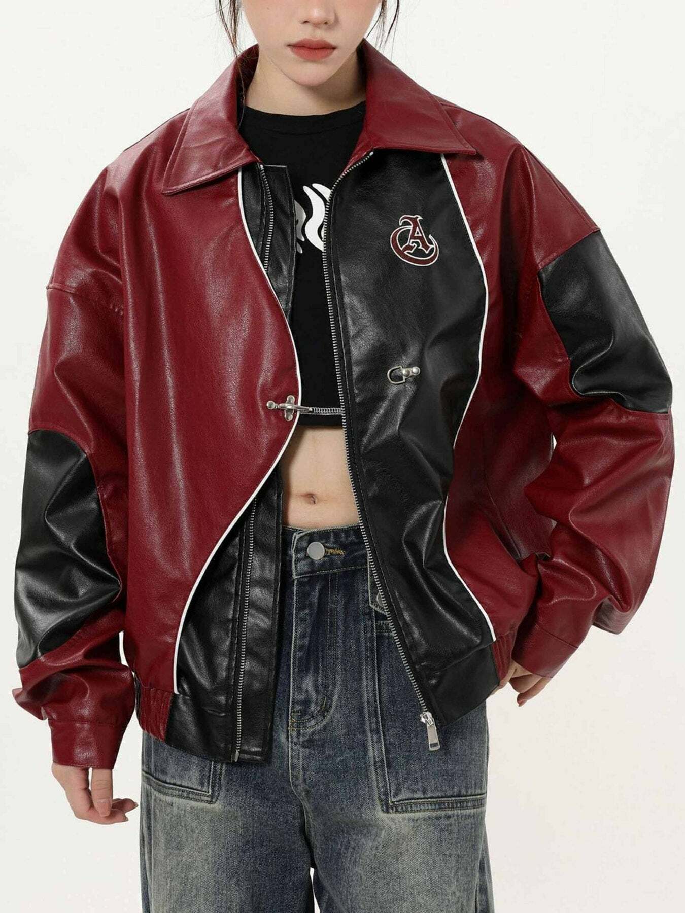 Trendy Y2K Patchwork PU Leather Jacket for Grunge Aesthetic & 90s Fashion Lovers