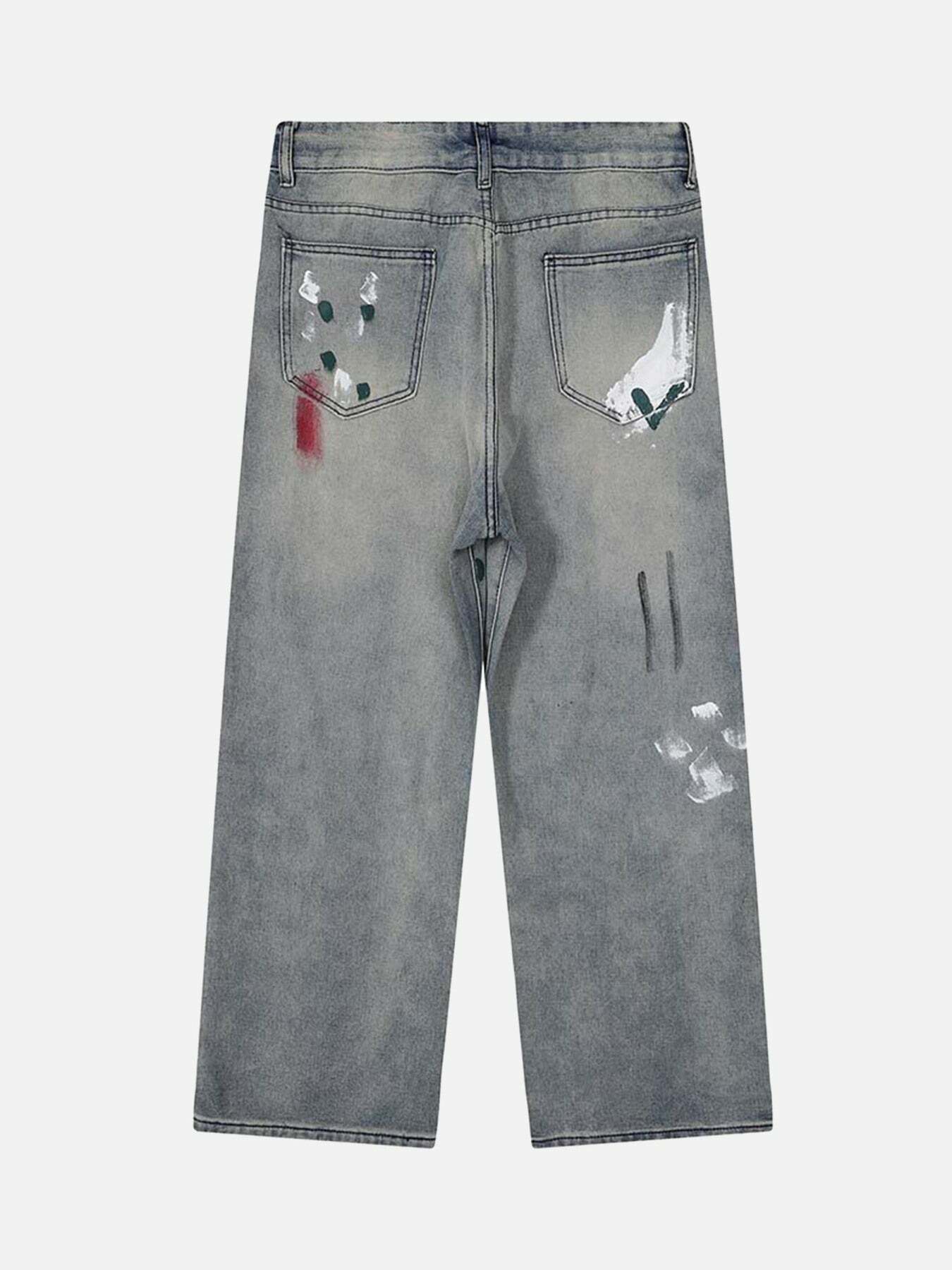 Vintage Distressed Ink Splash Baggy Jeans - Y2K Grunge Style for Effortless Summer Outfits