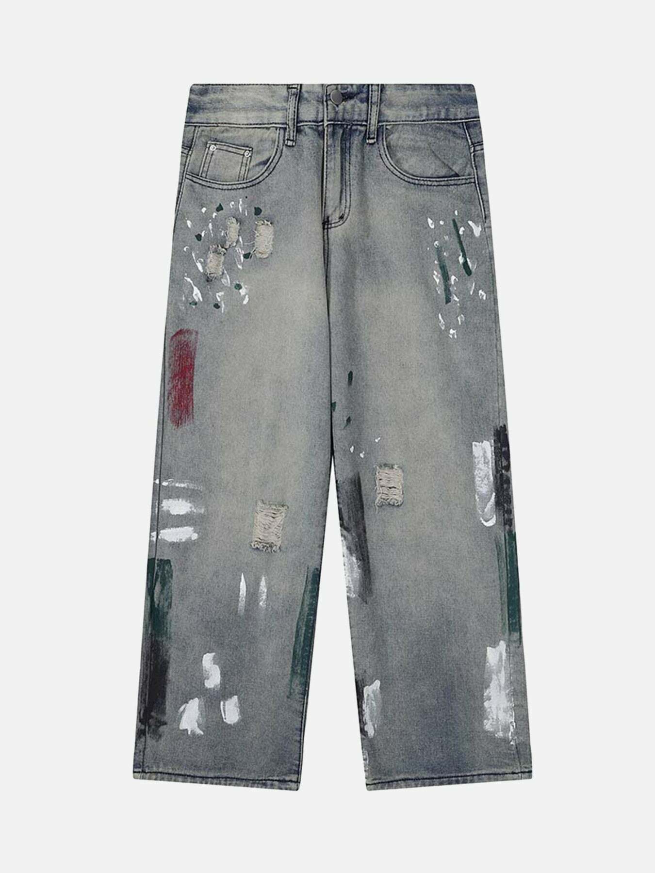 Vintage Distressed Ink Splash Baggy Jeans - Y2K Grunge Style for Effortless Summer Outfits