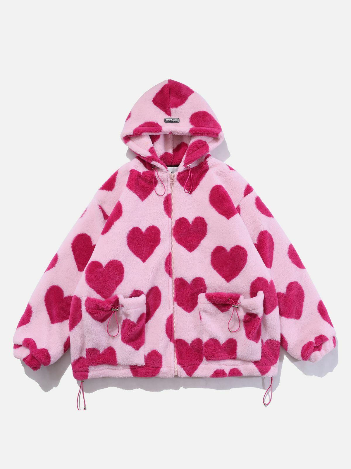 Vintage Heart Pattern Y2K Oversized Sherpa Coat - Cozy Grunge Aesthetic Outerwear for 2000s Fashion