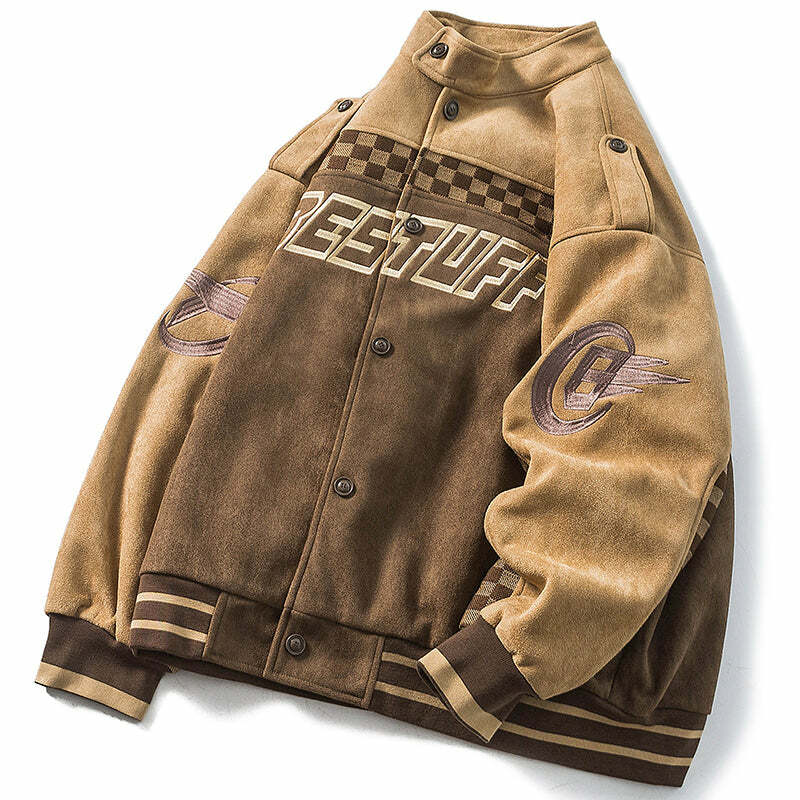 Vintage Suede Motorcycle Jacket in Checkerboard - Y2K Grunge Aesthetic for Effortless Style