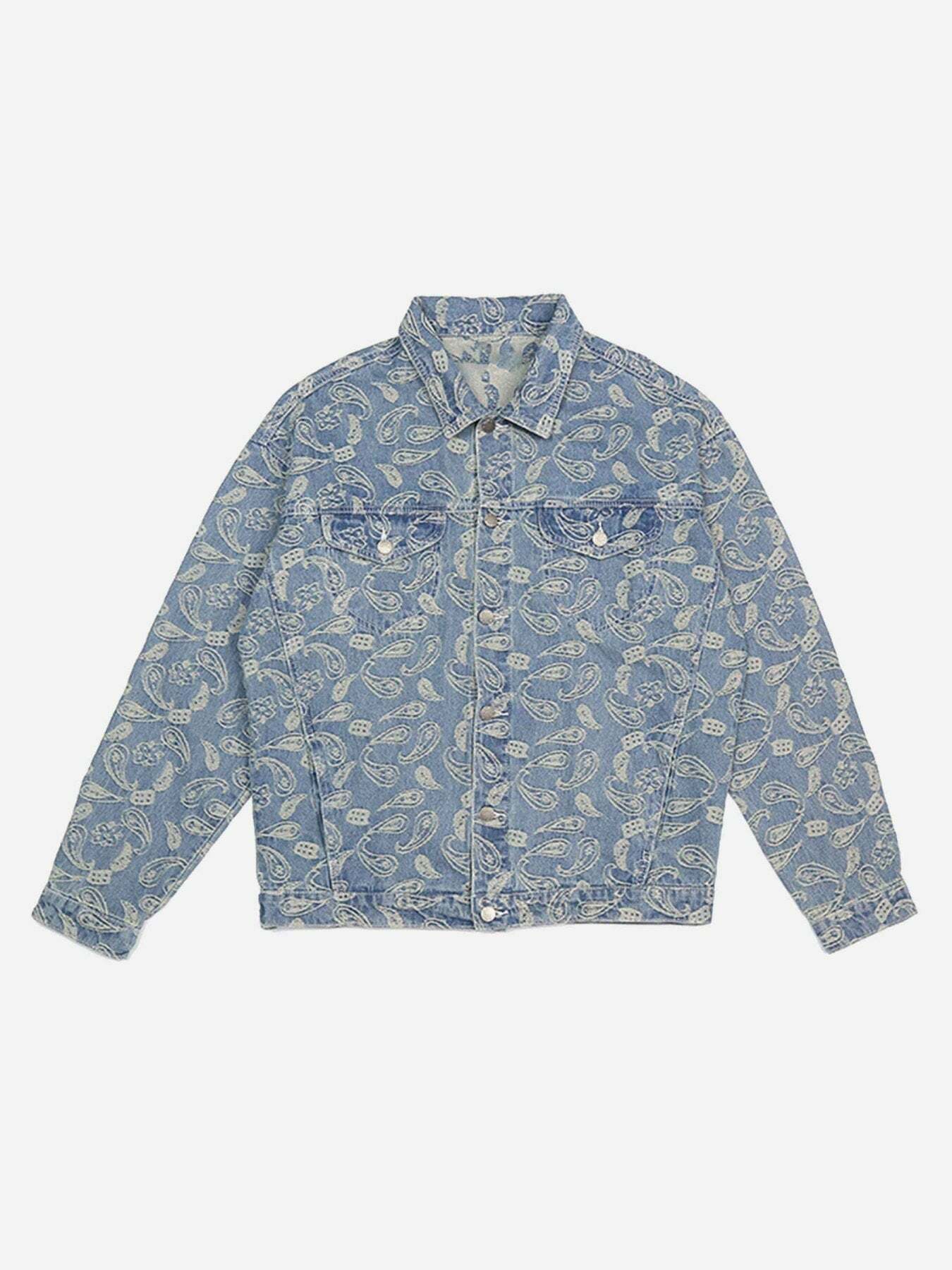 Vintage Y2K Baggy Denim Coat with Cashew Flower Print - Perfect for 90s Grunge Aesthetic Outfits