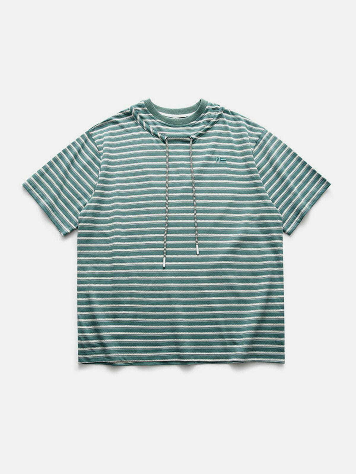 Vintage Y2K Stripe Drawstring Tee - Retro 90s Grunge Aesthetic Top for Summer Outfits