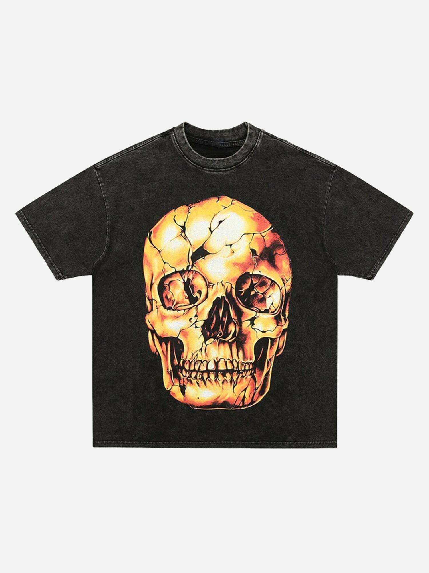 Washed & Distressed Y2K Dark Gold Skull Tee - Grunge Aesthetic for 90s Fashion Lovers