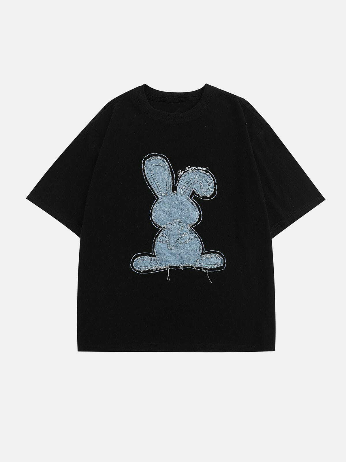 Y2K Aesthetic Applique Embroidery Denim Rabbit Tee - Cute Grunge Top for 90s Fashion Lovers