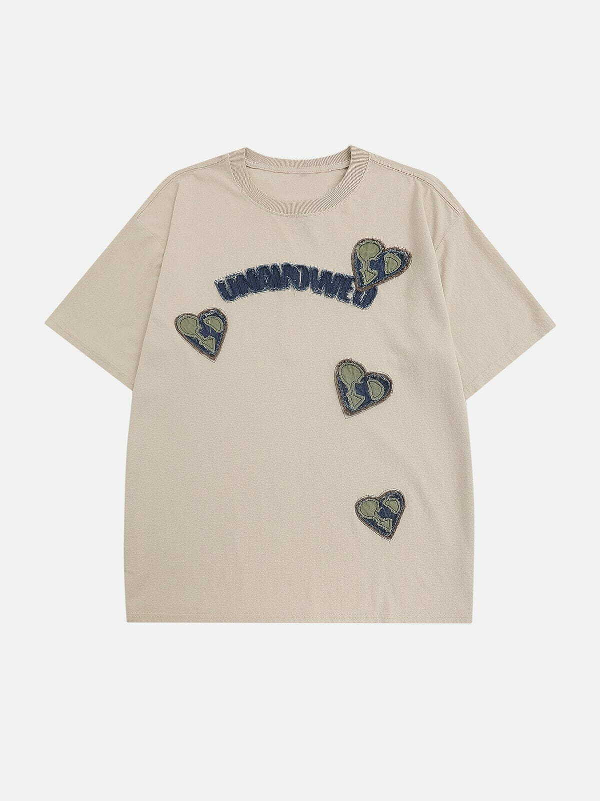 Y2K Aesthetic Applique Embroidery Heart Denim Tee - Cute Summer Outfit for 90s Fashion Lovers