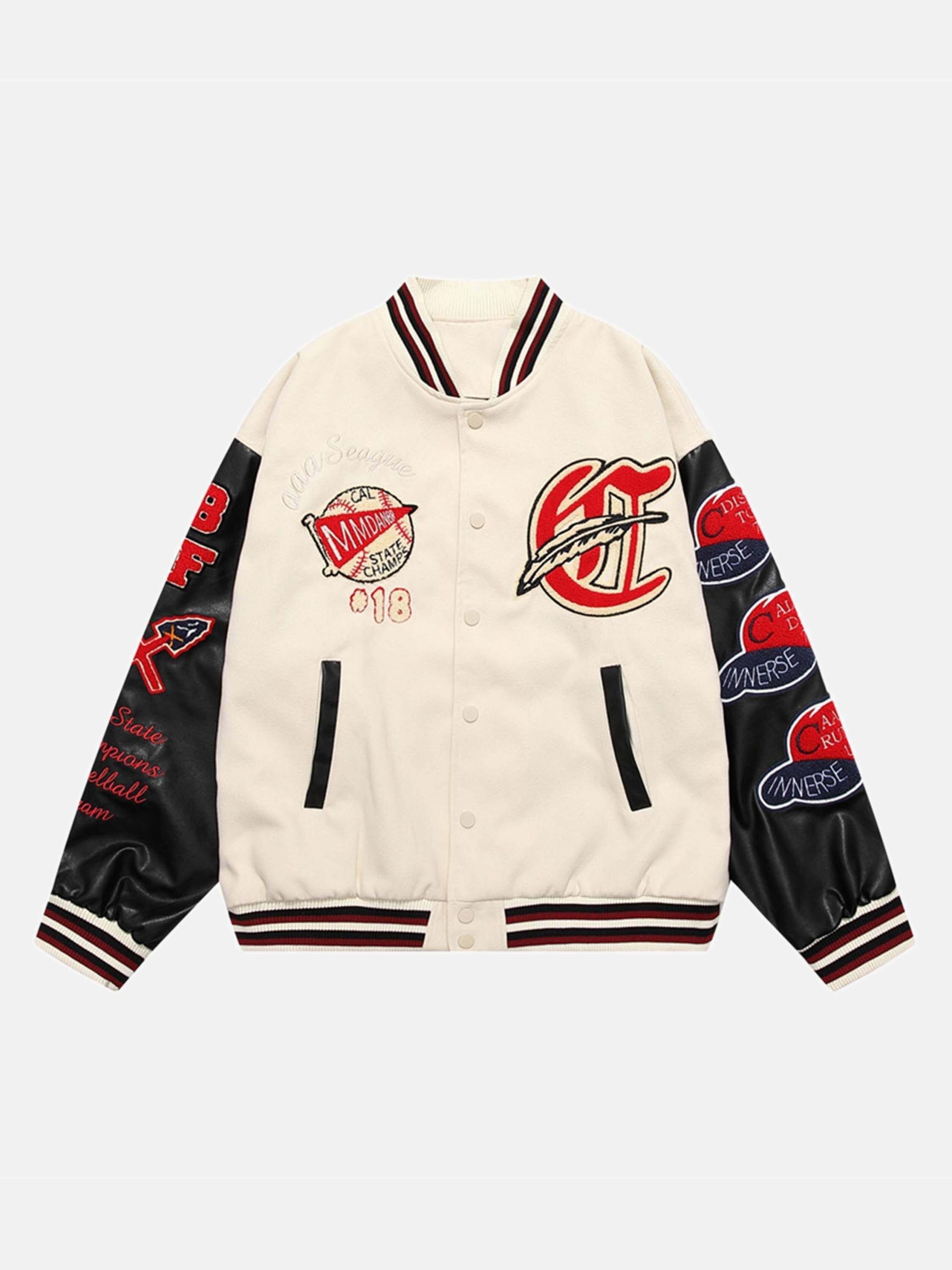 Y2K Aesthetic Baseball Jacket with Embroidered Alphabet & PU Leather Sleeves - Trendy Grunge Style