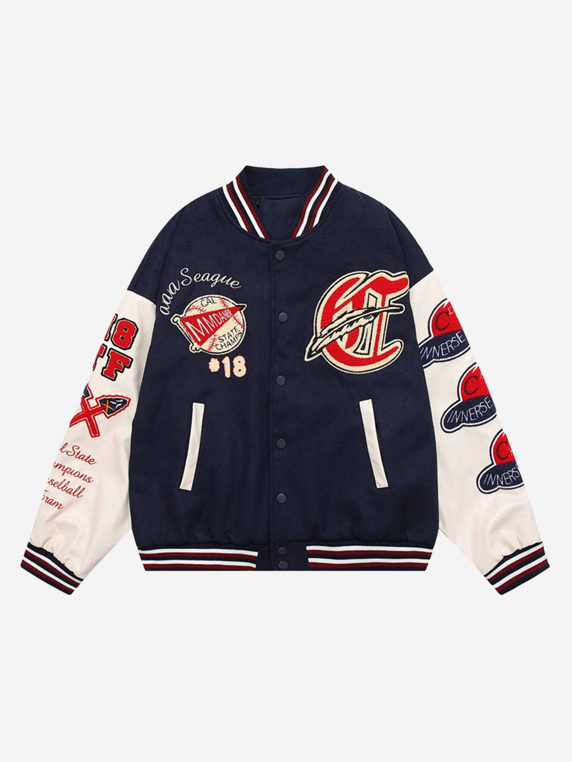 Y2K Aesthetic Baseball Jacket with Embroidered Alphabet & PU Leather Sleeves - Trendy Grunge Style