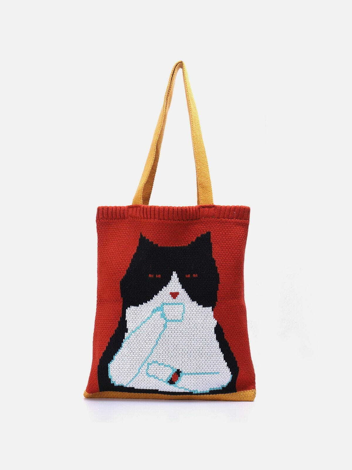 Y2K Aesthetic Cat Graphic Knit Bag - Perfect for 90s Fashion Lovers & Grunge Outfits