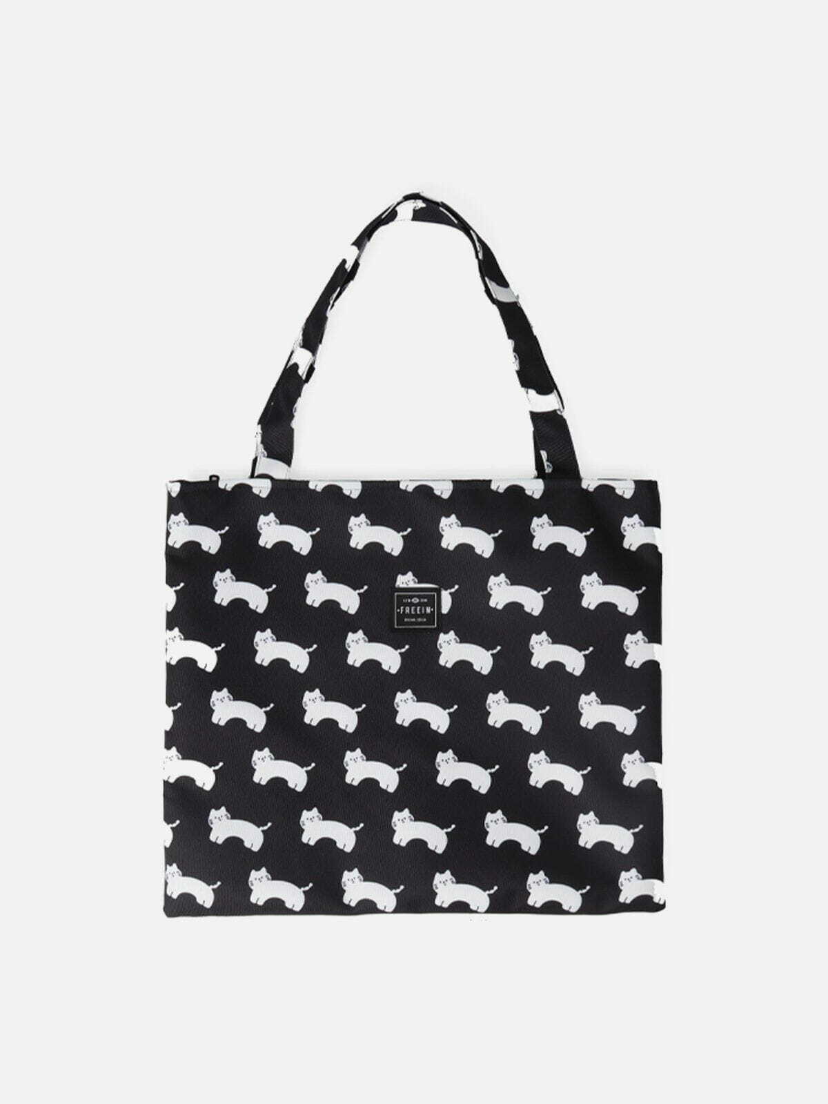 Y2K Aesthetic Cat Print Canvas Shoulder Bag - Cute 90s Style Tote for Summer Outfits & Grunge Looks