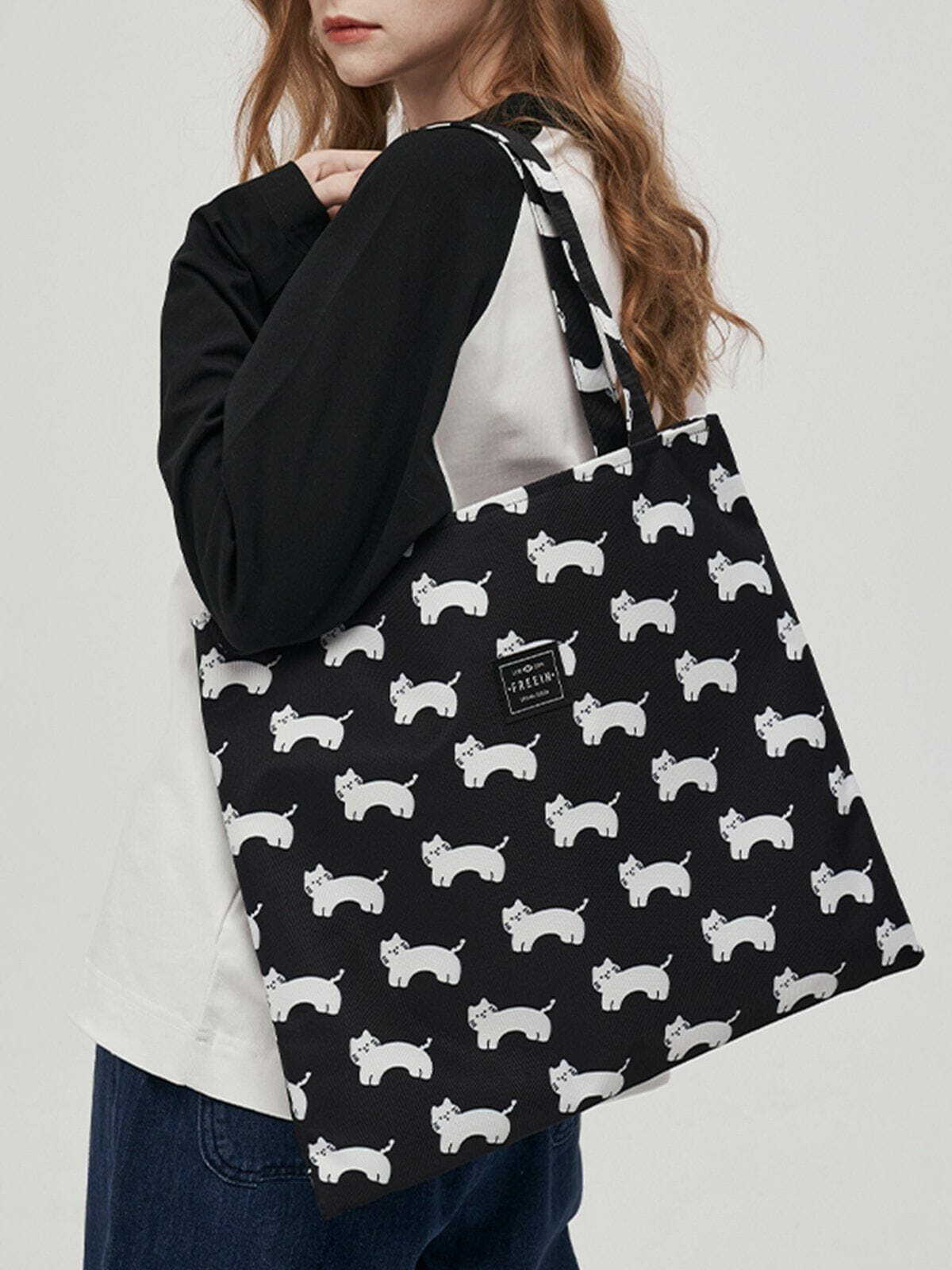 Y2K Aesthetic Cat Print Canvas Shoulder Bag - Cute 90s Style Tote for Summer Outfits & Grunge Looks