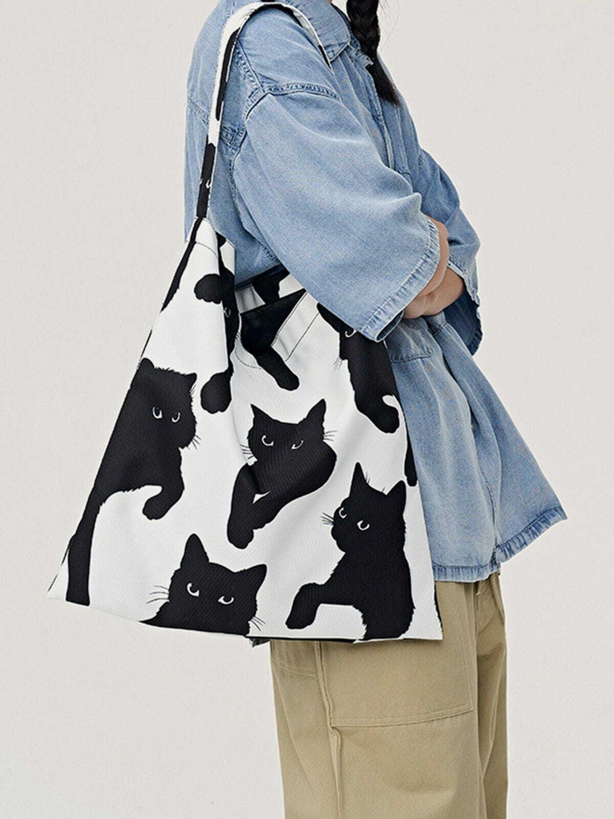 Y2K Aesthetic Cat Print Canvas Shoulder Bag - Perfect for Summer Outfits & 90s Fashion Lovers