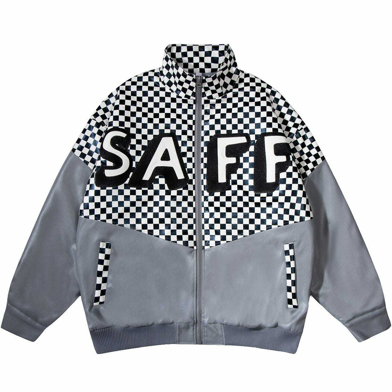 Y2K Aesthetic Checkerboard PU Winter Coat for Grunge & 90s Fashion Lovers