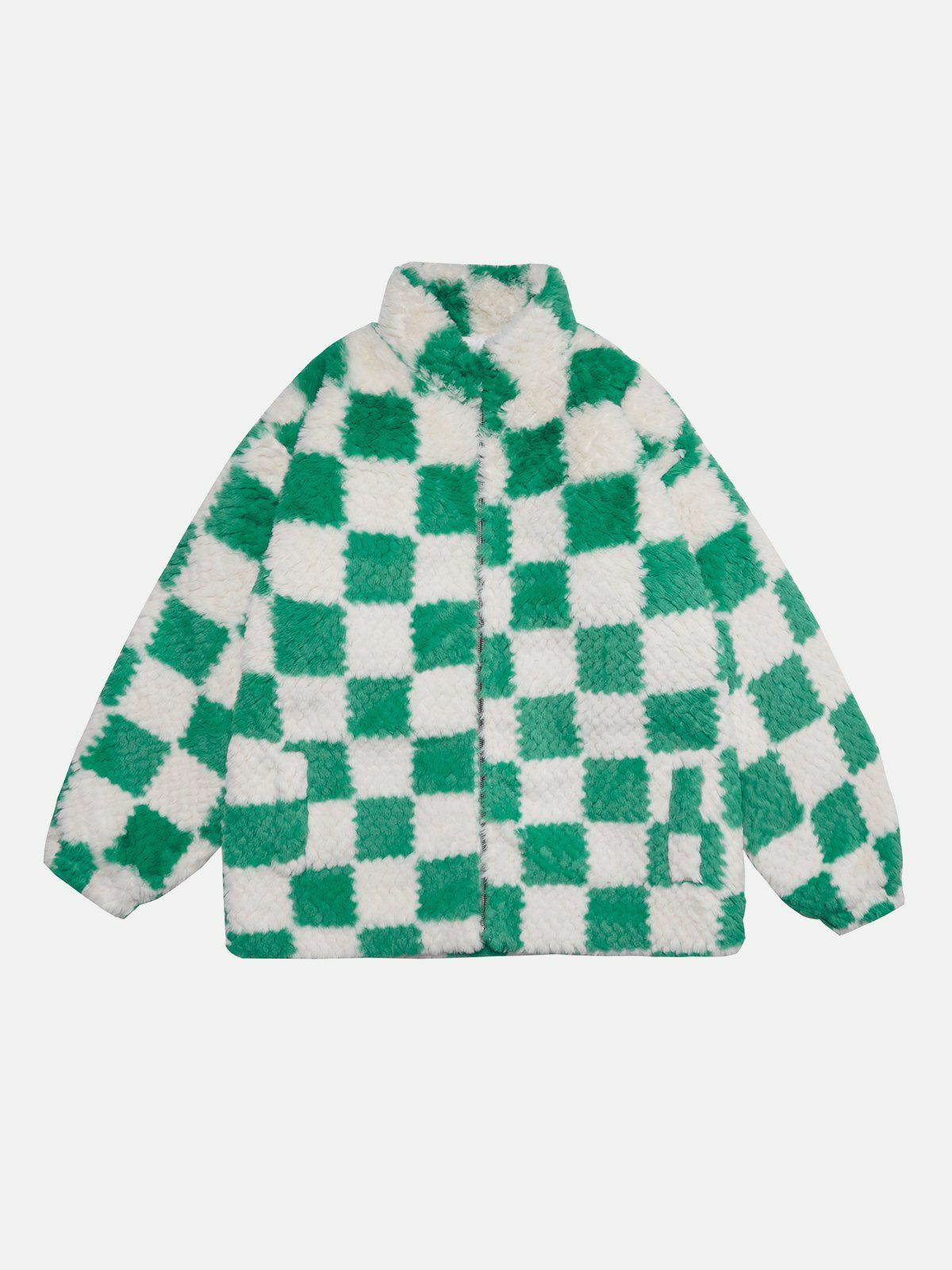 Y2K Aesthetic Contrast Checkerboard Sherpa Coat for Grunge & 90s Fashion Lovers