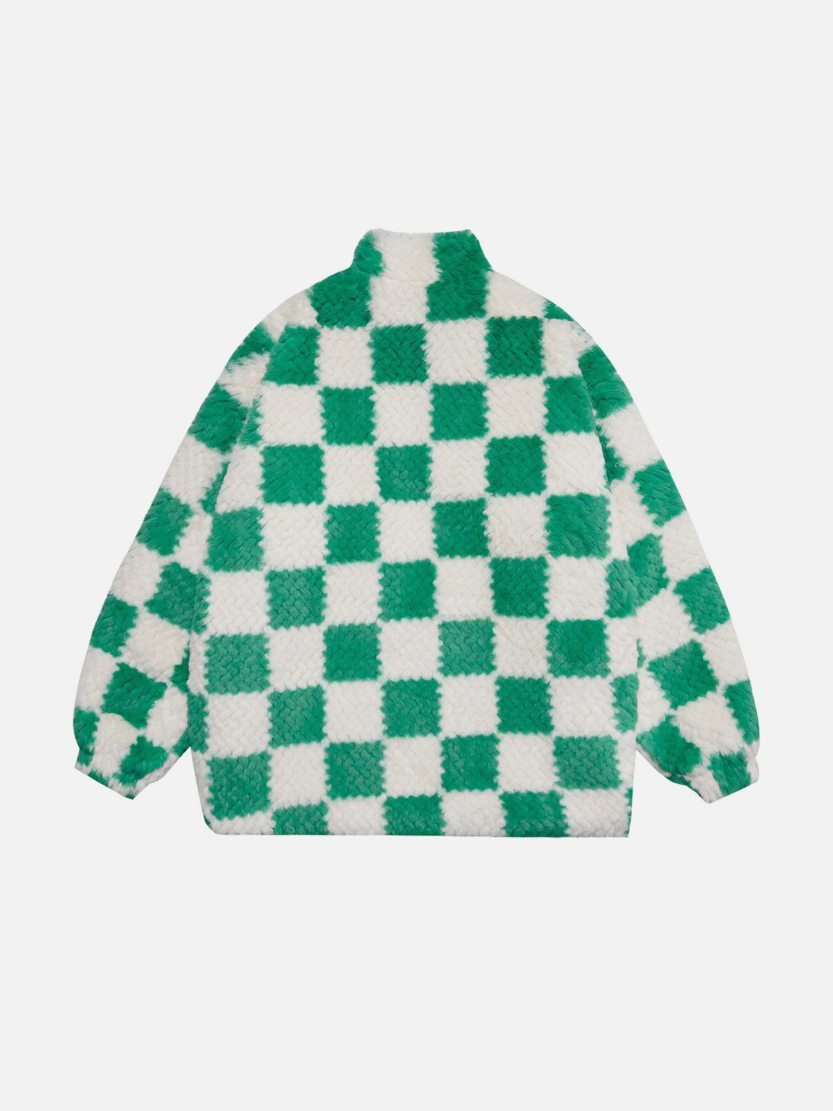 Y2K Aesthetic Contrast Checkerboard Sherpa Coat for Grunge & 90s Fashion Lovers