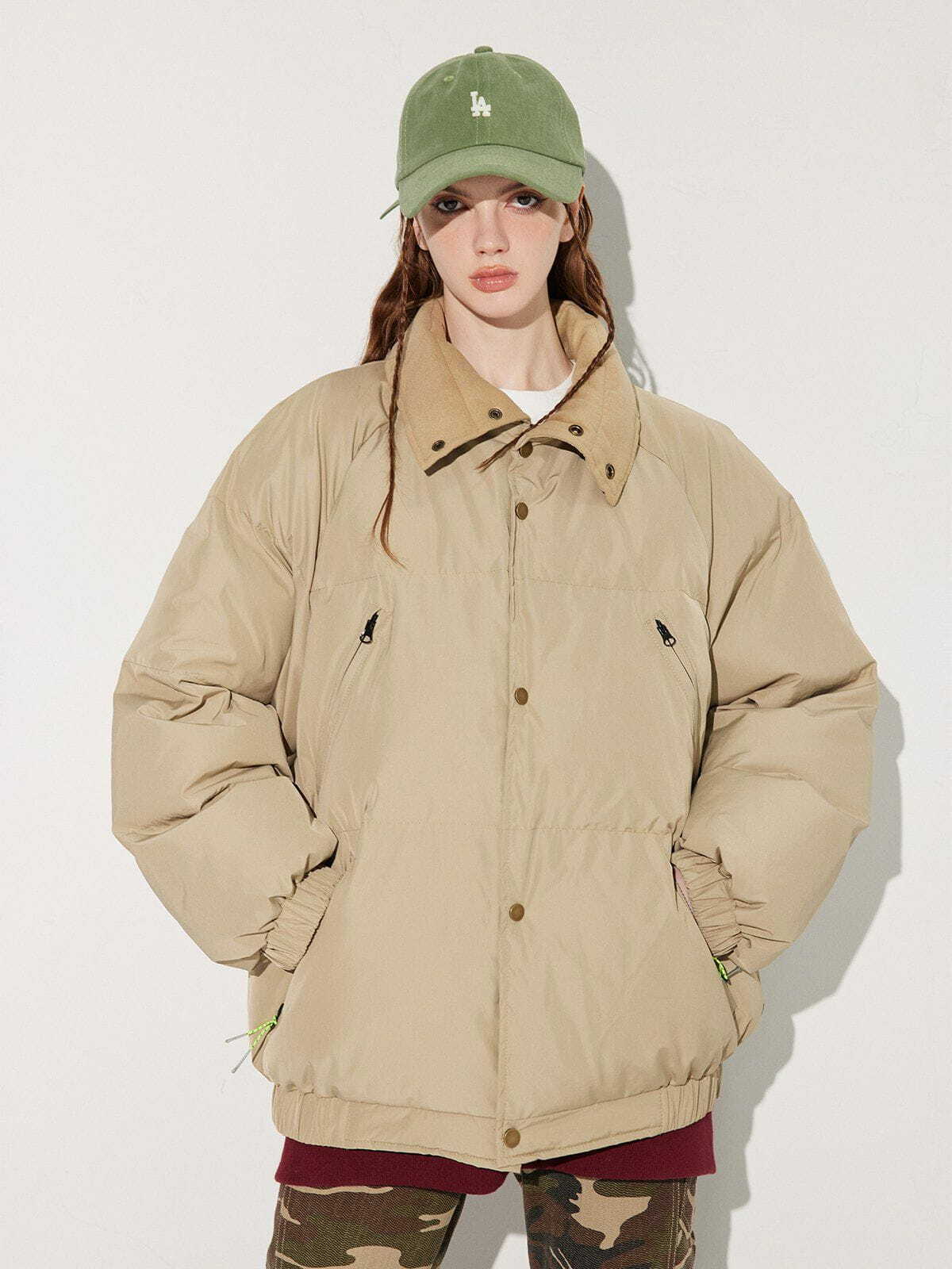 Y2K Aesthetic Contrasting Collar Winter Coat - Grunge Style Outerwear for 2000s Fashion Lovers