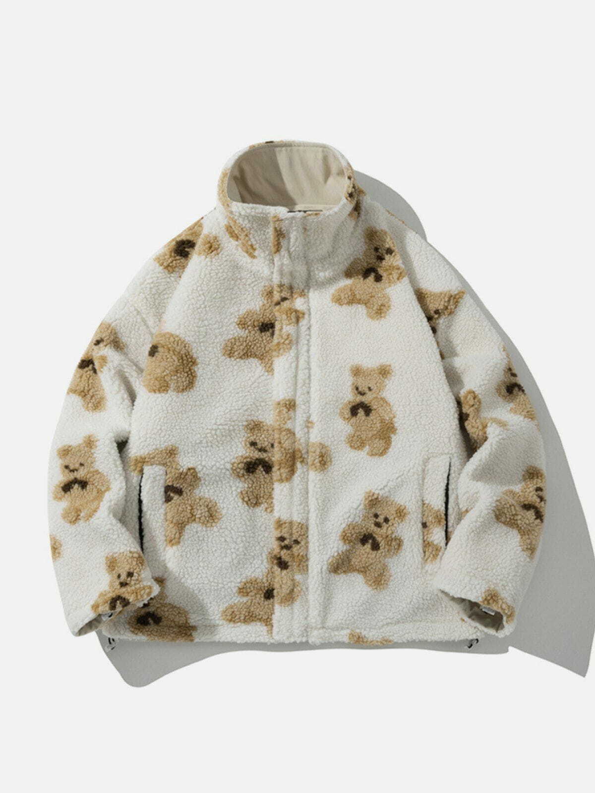 Y2K Aesthetic Cute Bear Reversible Sherpa Coat for Cozy Grunge & 90s Inspired Outfits