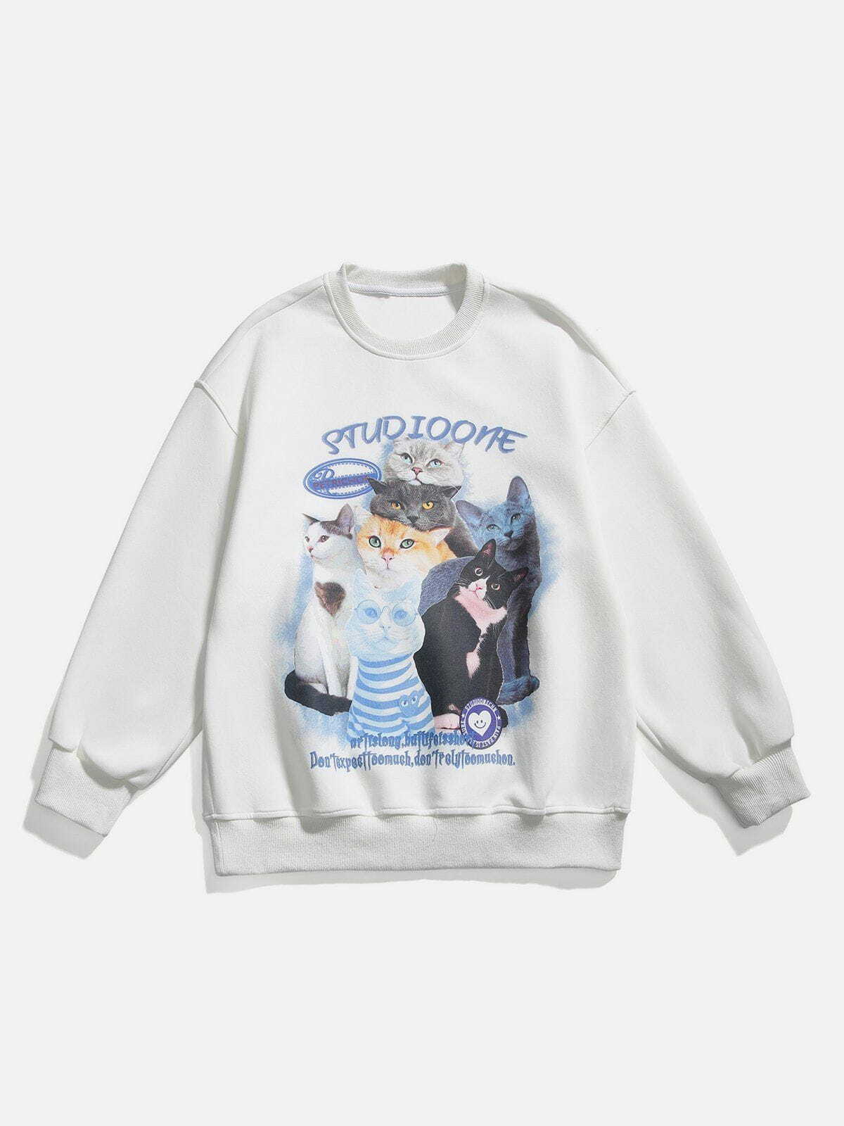 Y2K Aesthetic Cute Cat Print Sweatshirt - Cozy Grunge Style for Summer Outfits & Casual Looks