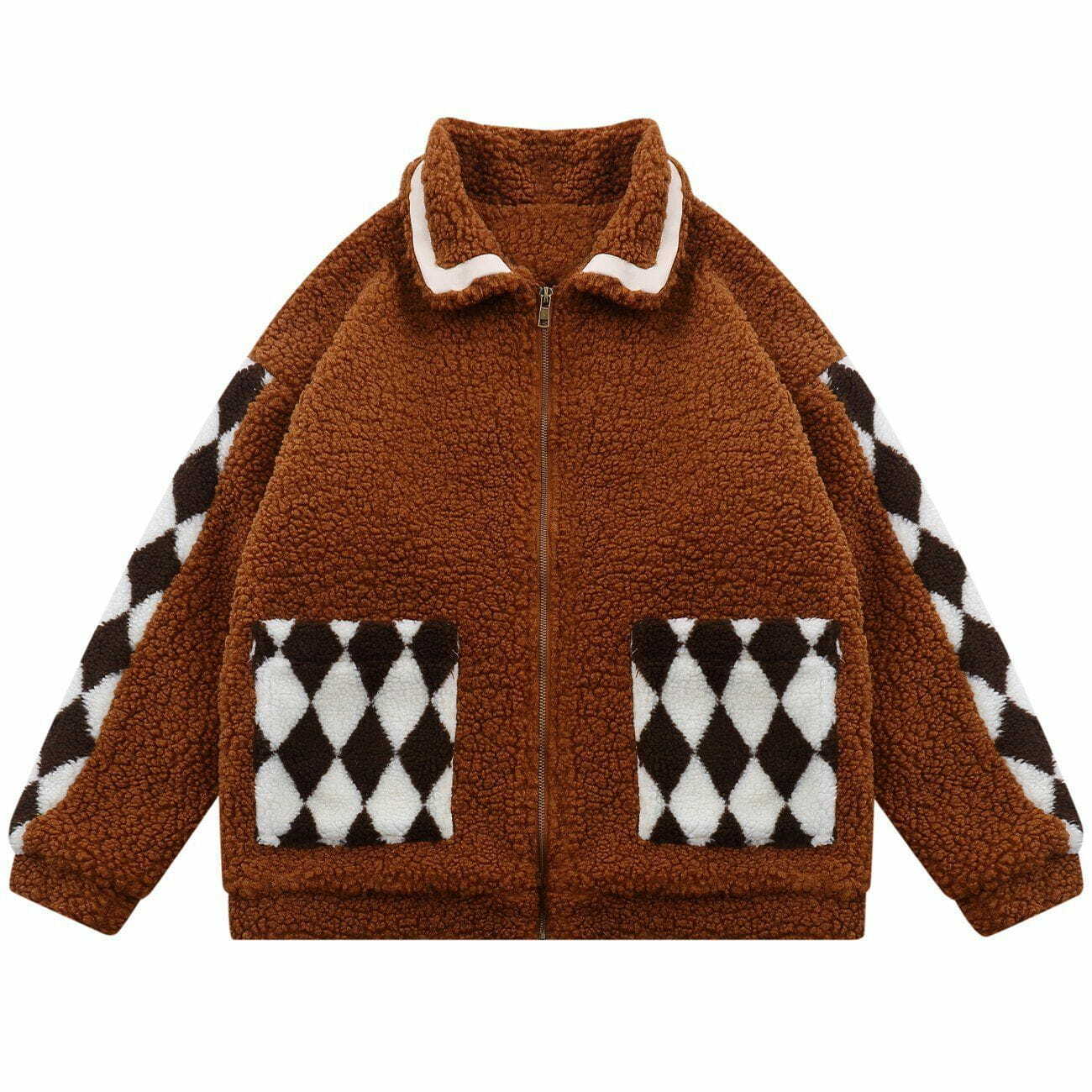 Y2K Aesthetic Diamond Grid Sherpa Coat for Cozy Winter Vibes and Stylish Layering